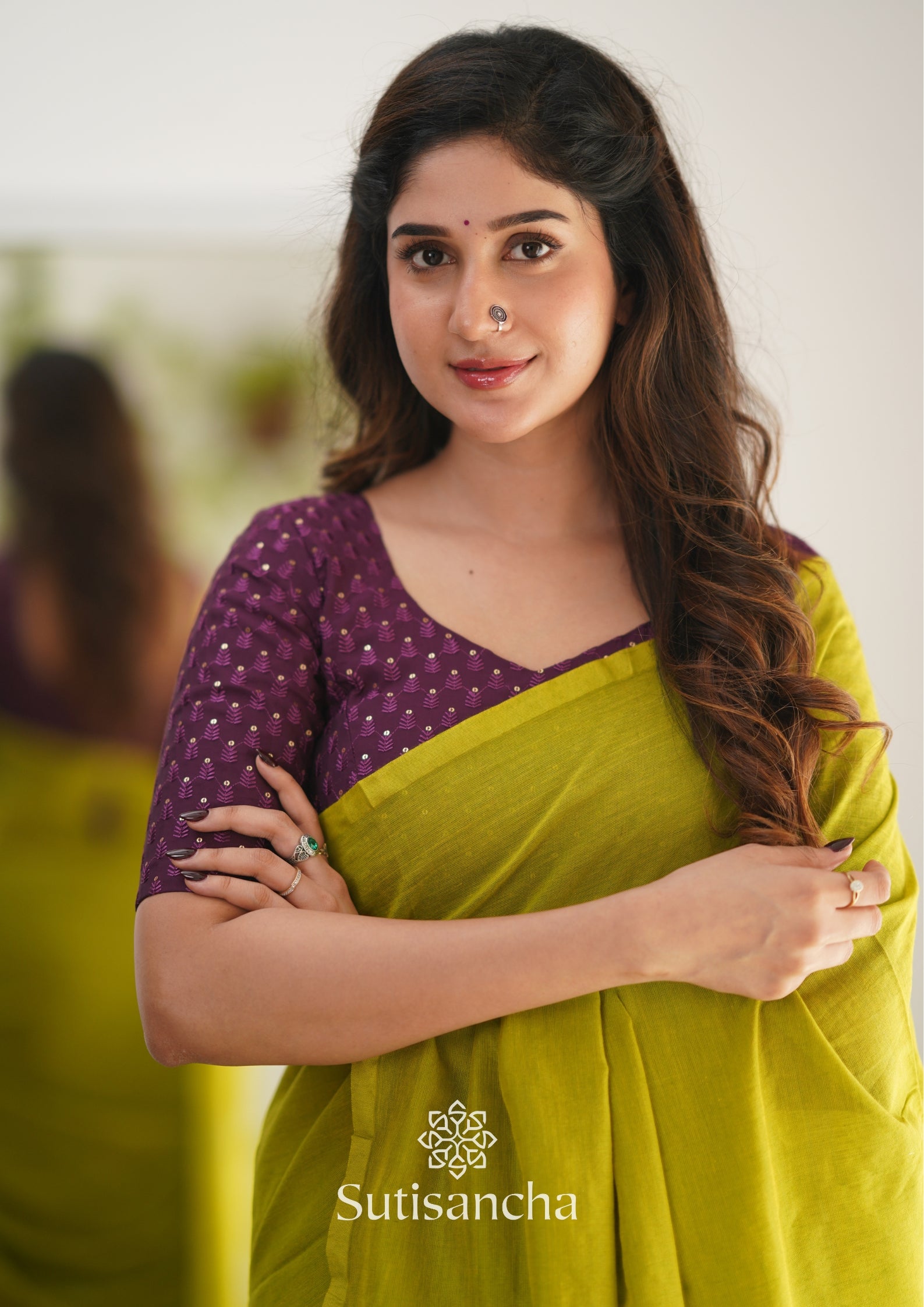 Sutisancha Lime colour Handloom Cotton Saree with Designer Blouse