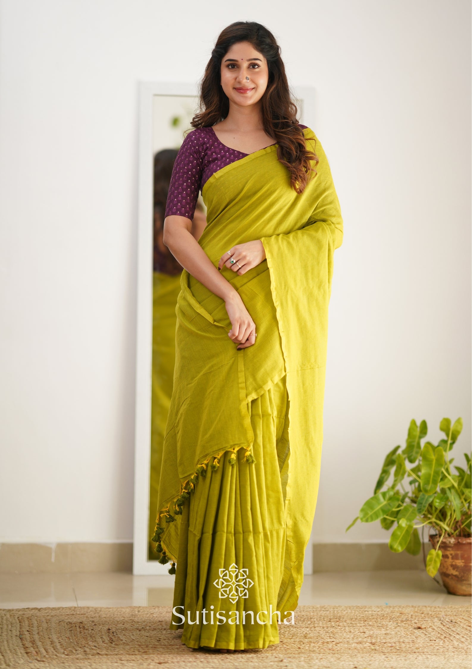 Sutisancha Lime colour Handloom Cotton Saree with Designer Blouse