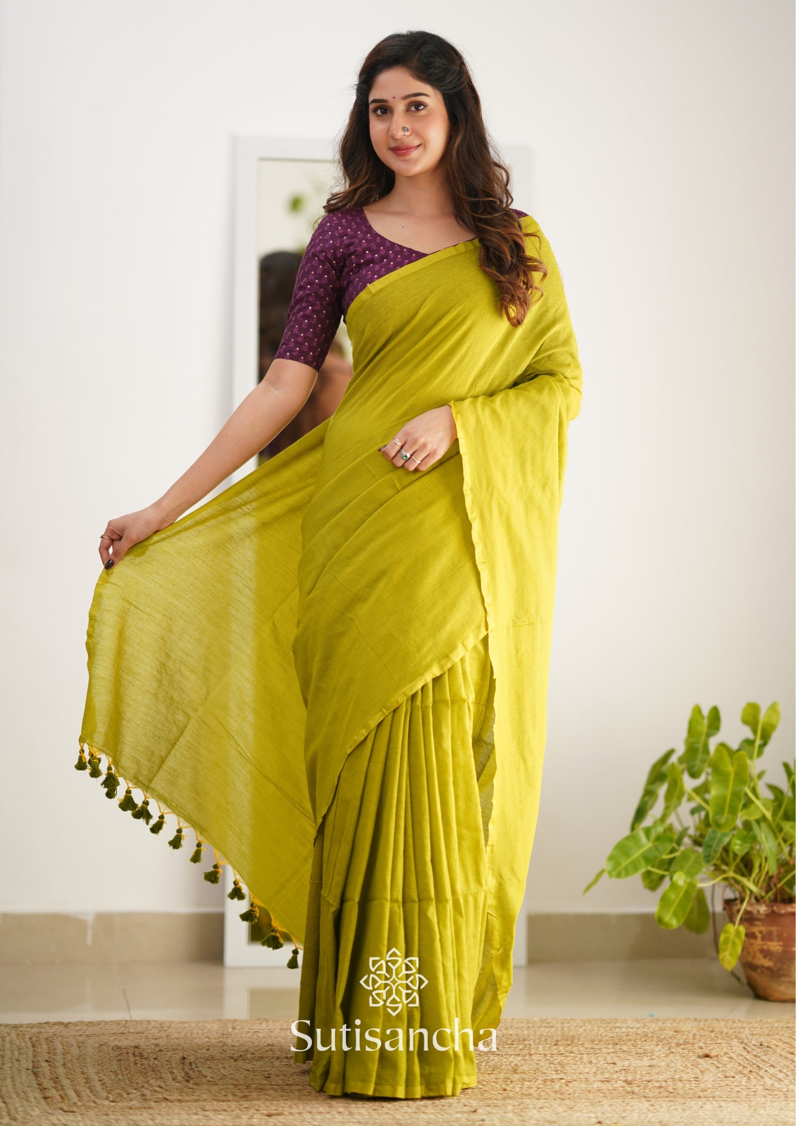 Sutisancha Lime colour Handloom Cotton Saree with Designer Blouse