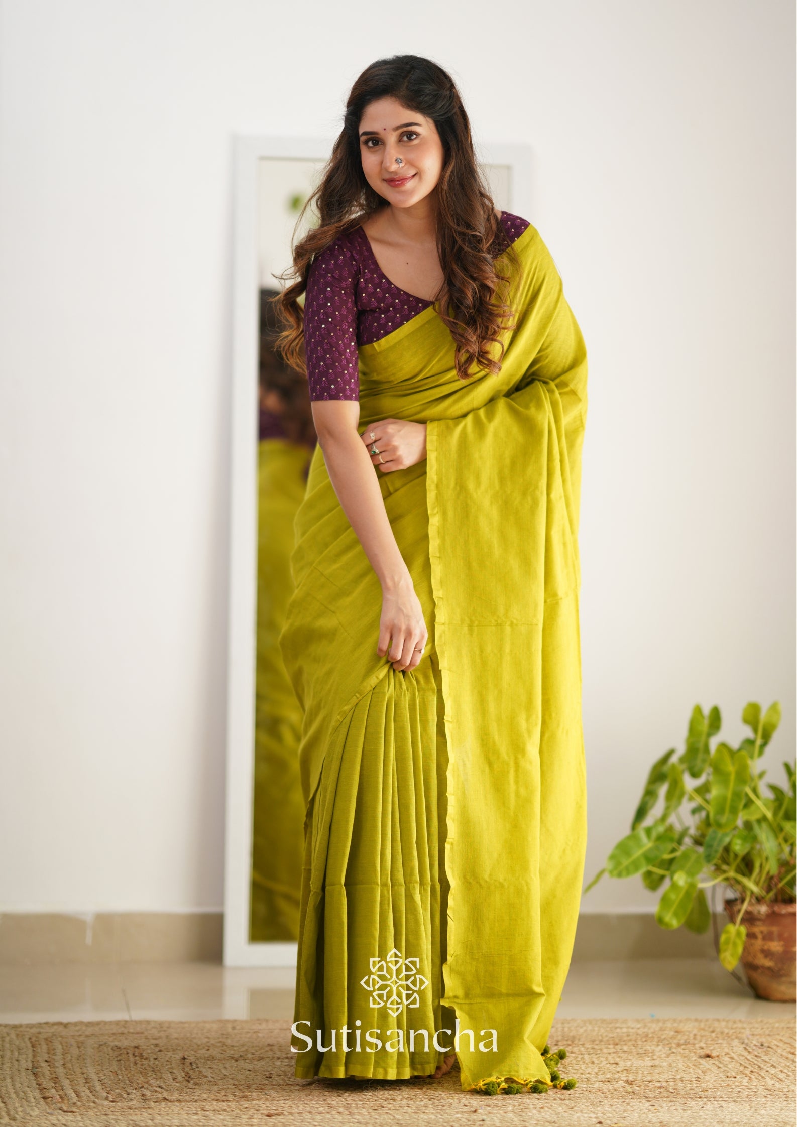 Sutisancha Lime colour Handloom Cotton Saree with Designer Blouse