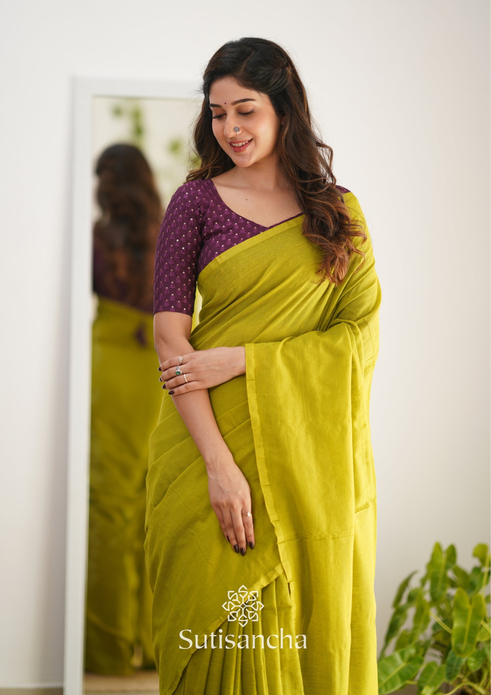 Sutisancha Lime colour Handloom Cotton Saree with Designer Blouse