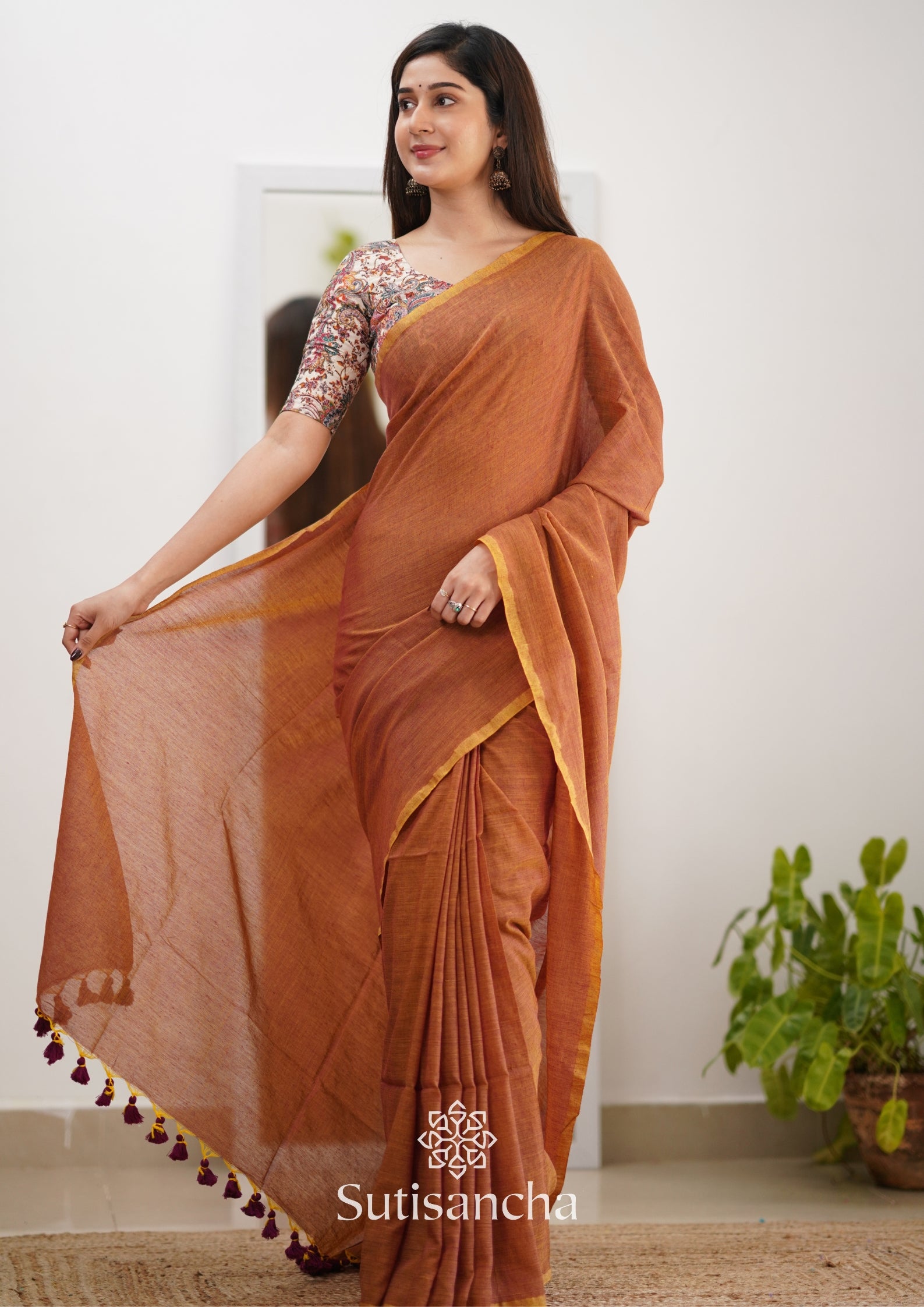Sutisancha Rust Orange Cotton Saree Designer work Blouse