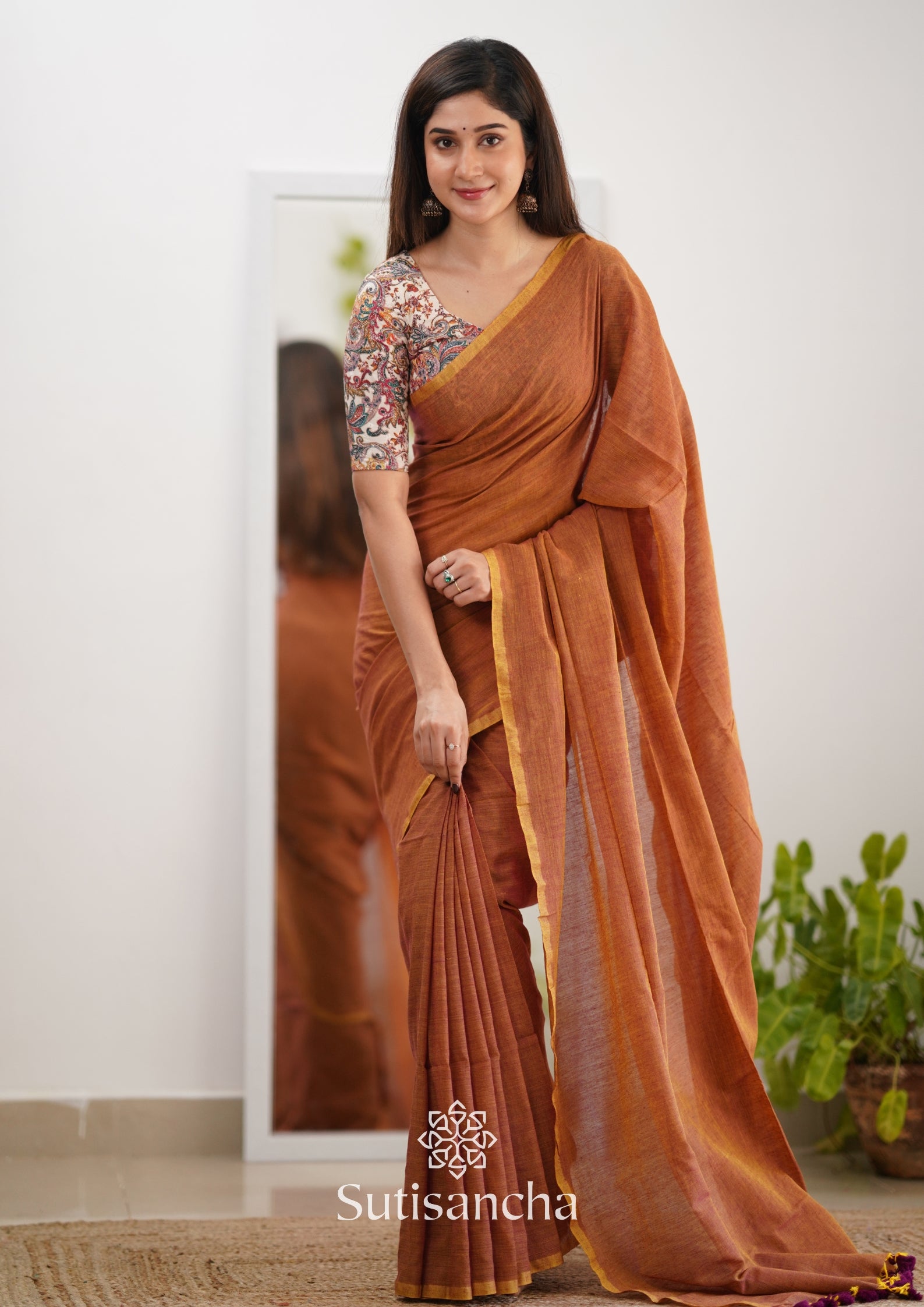 Sutisancha Rust Orange Cotton Saree Designer work Blouse