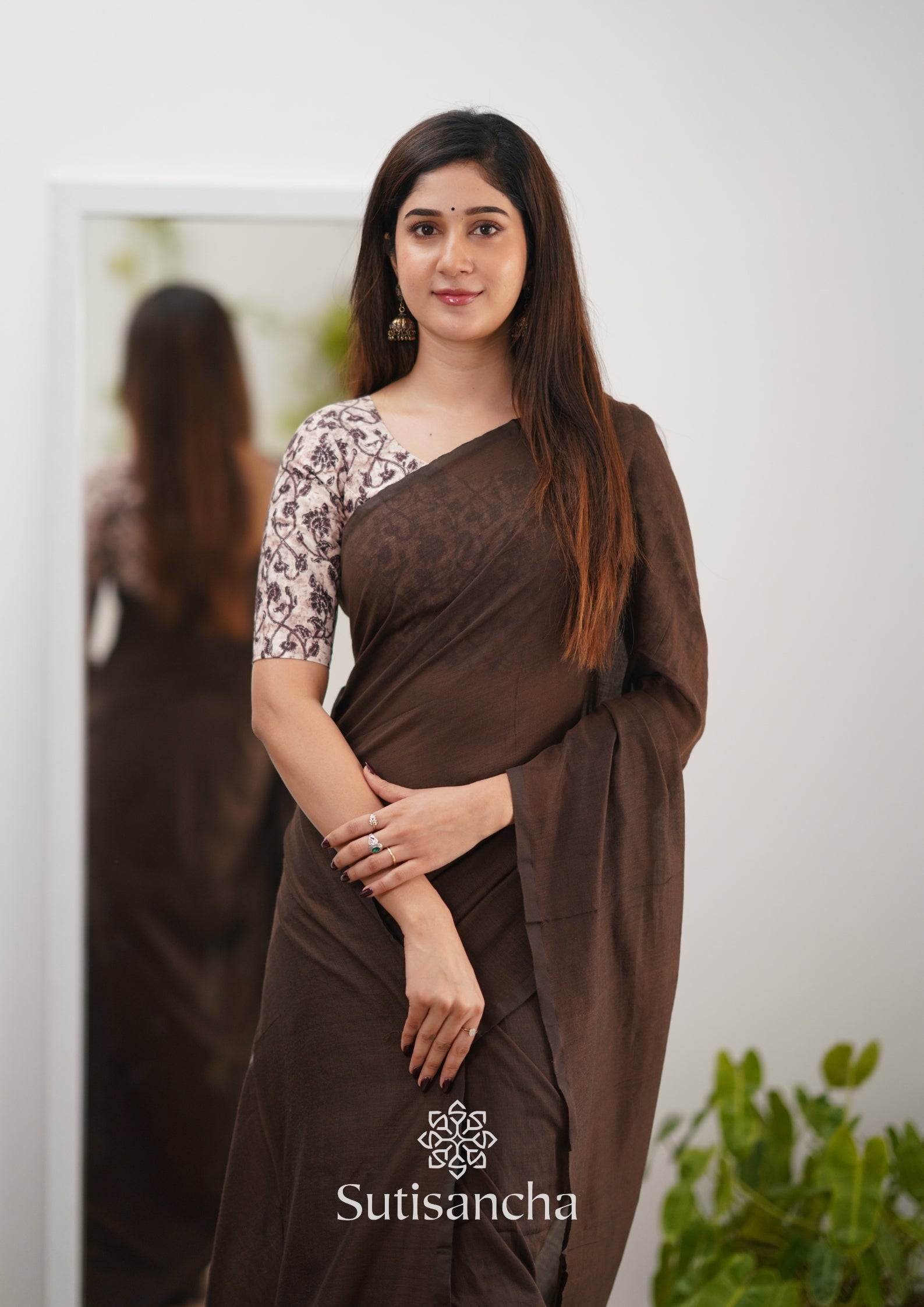 Sutisancha Cofee Handloom Cotton Saree & Designer Blouse