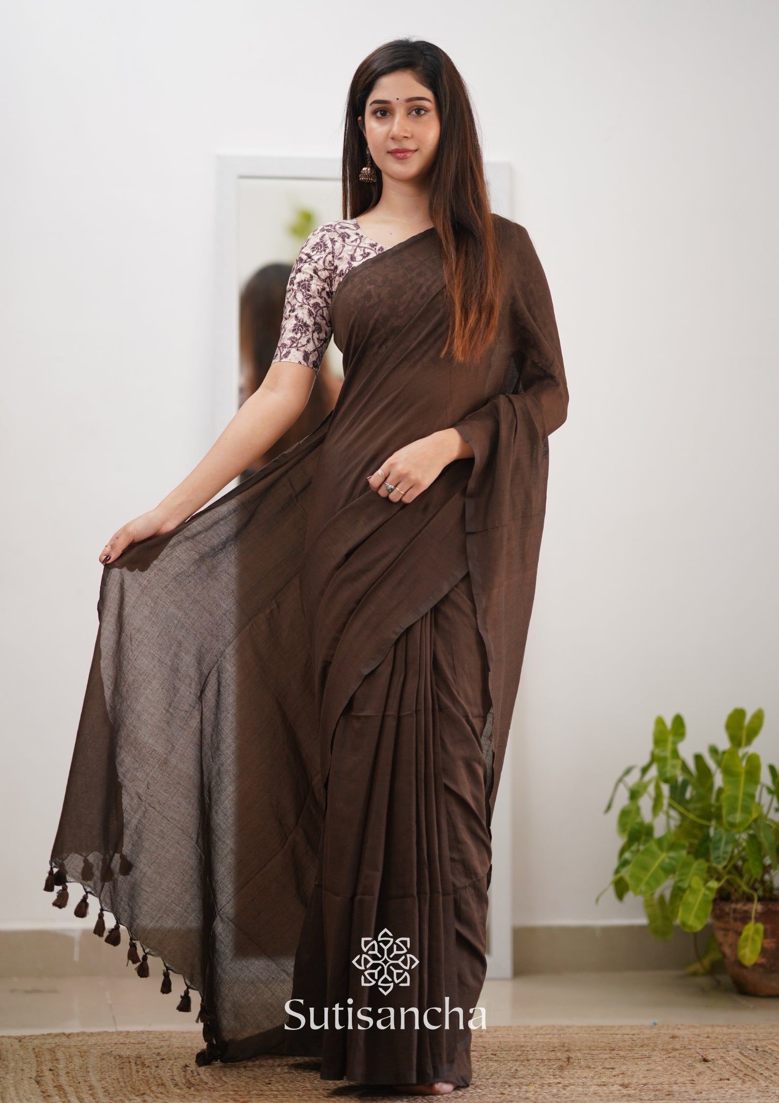Sutisancha Cofee Handloom Cotton Saree & Designer Blouse