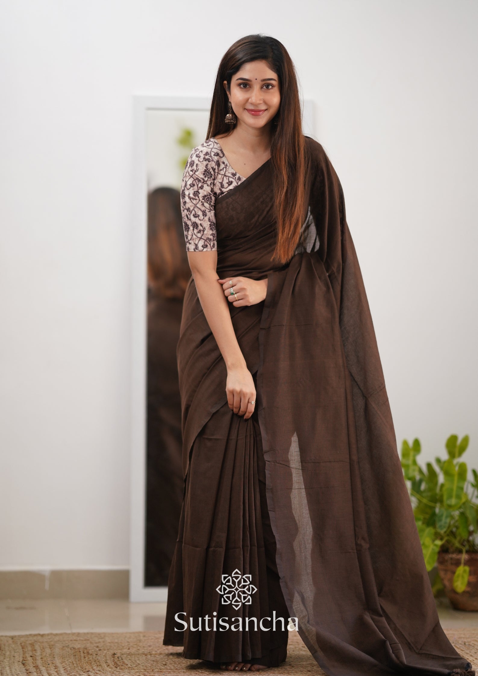 Sutisancha Cofee Handloom Cotton Saree & Designer Blouse