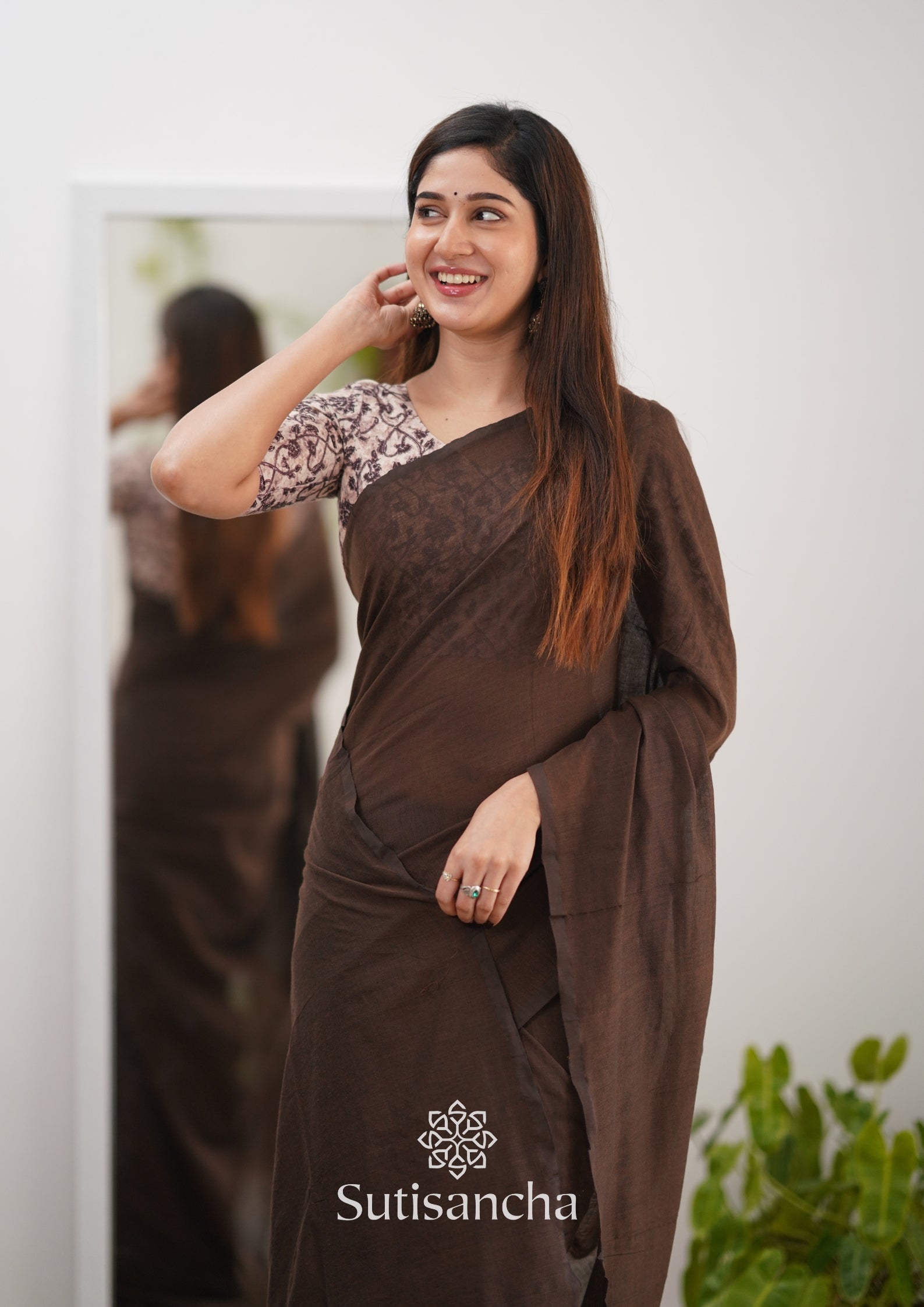 Sutisancha Cofee Handloom Cotton Saree & Designer Blouse