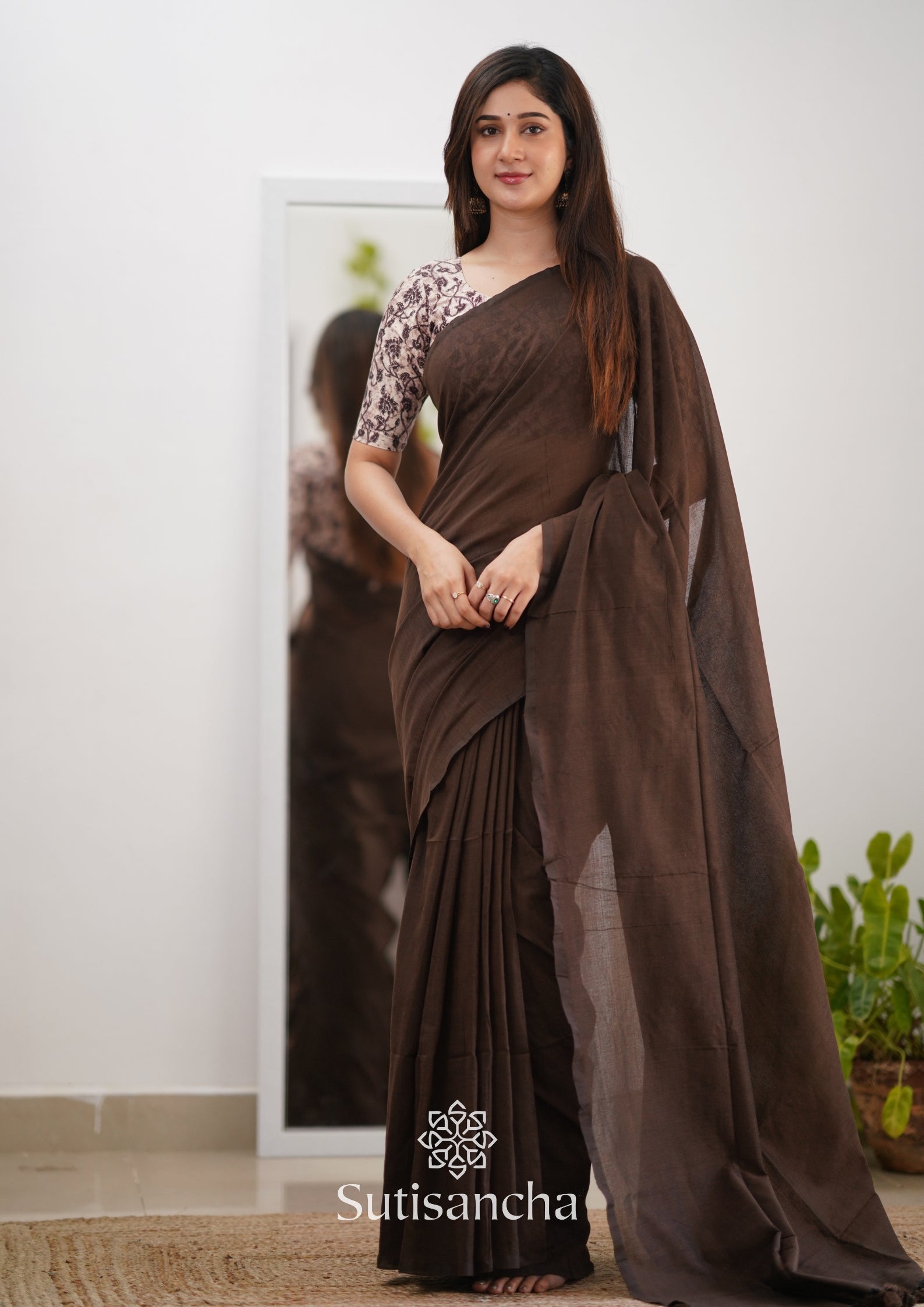 Sutisancha Cofee Handloom Cotton Saree & Designer Blouse