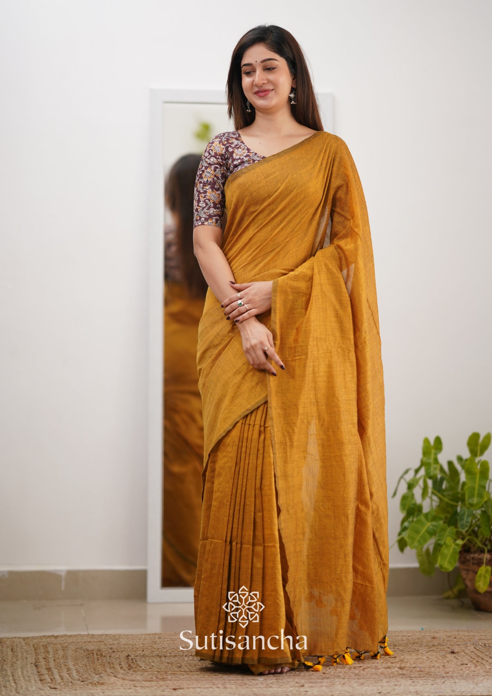 Sutisancha Mustard Handloom Cotton Saree & Designer Blouse
