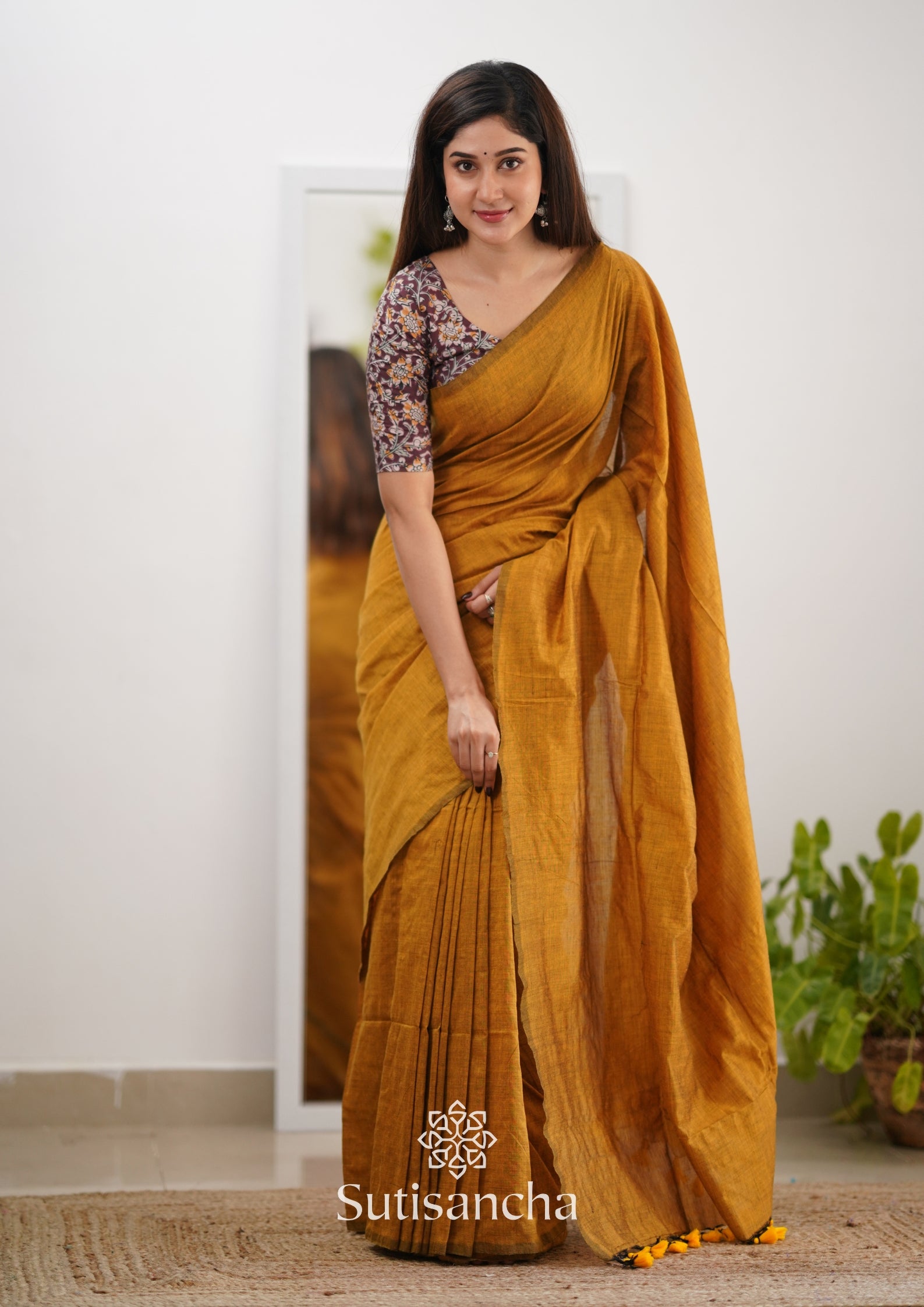 Sutisancha Mustard Handloom Cotton Saree & Designer Blouse