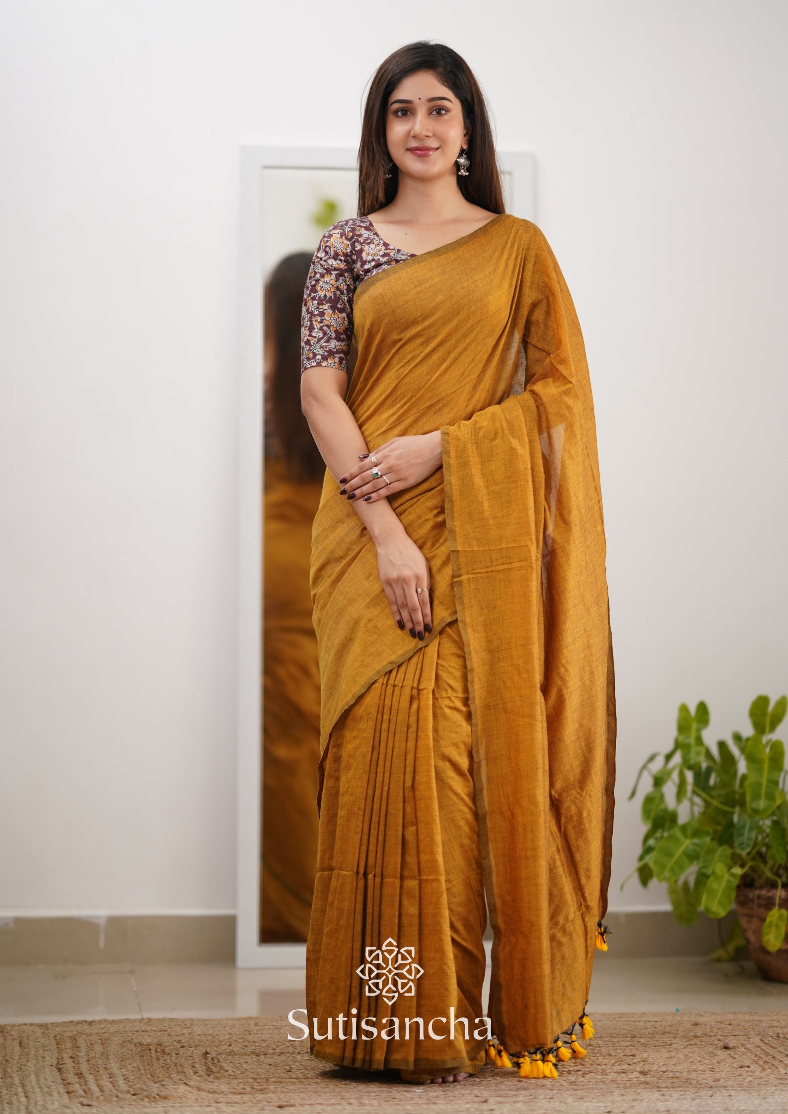 Sutisancha Mustard Handloom Cotton Saree & Designer Blouse