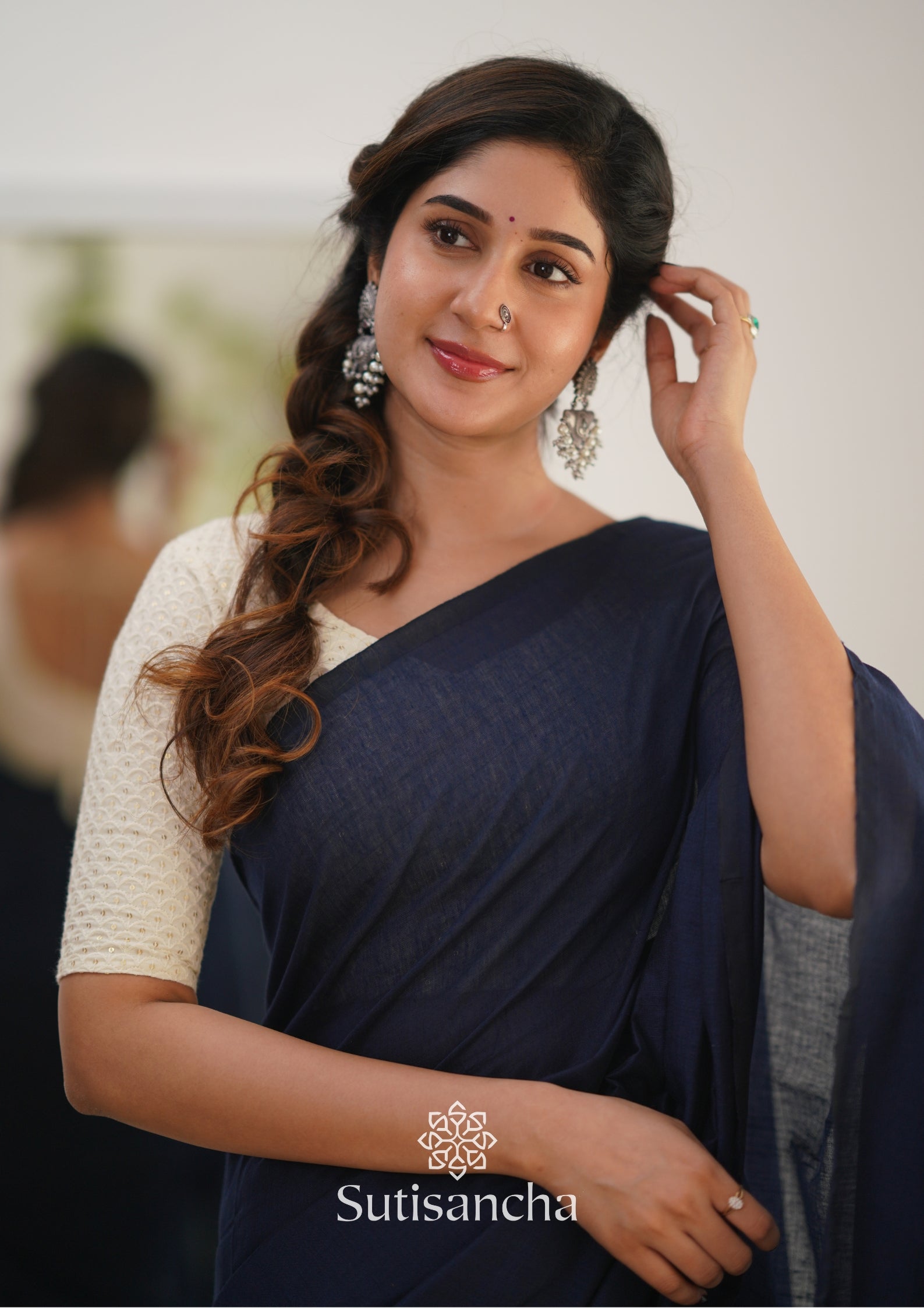 Sutisancha Navyblue Handloom Cotton Saree With Designer Blouse