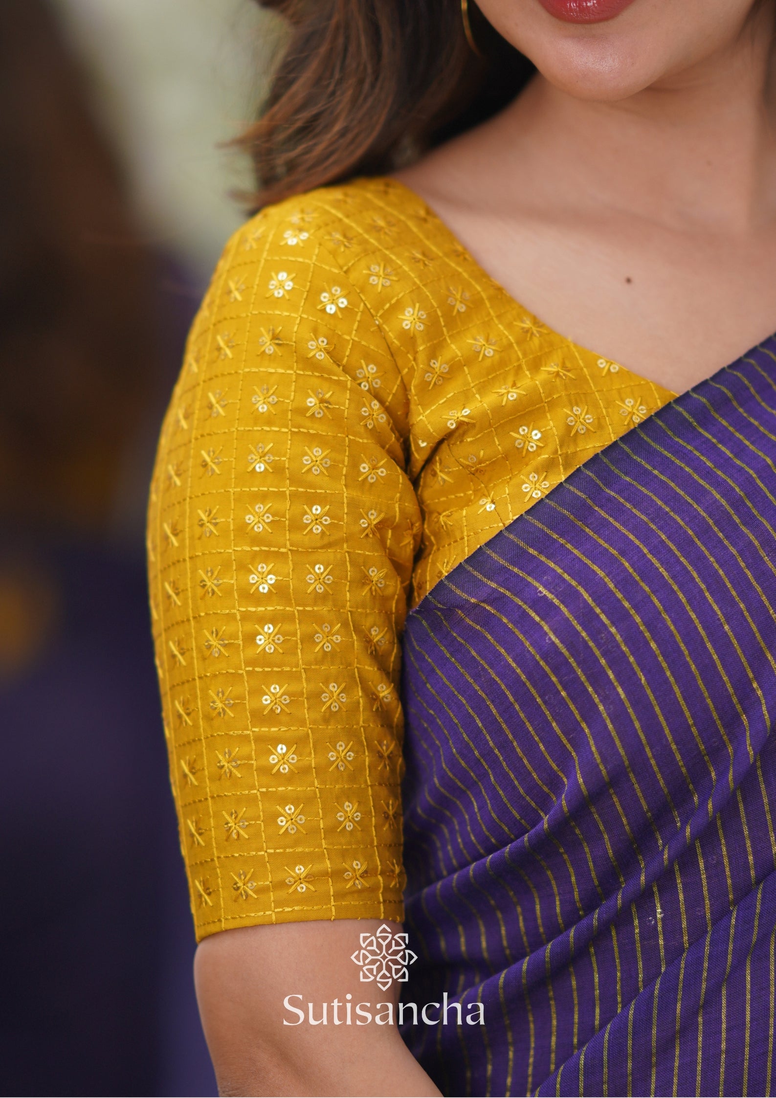 Sutisancha purple Stripe cotton Saree designer work Blouse