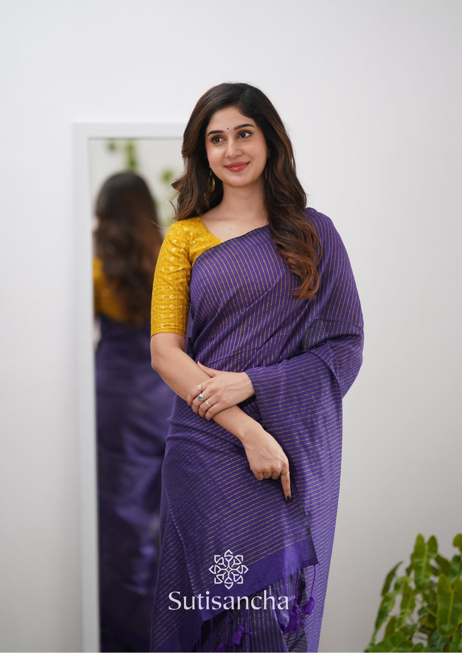 Sutisancha purple Stripe cotton Saree designer work Blouse