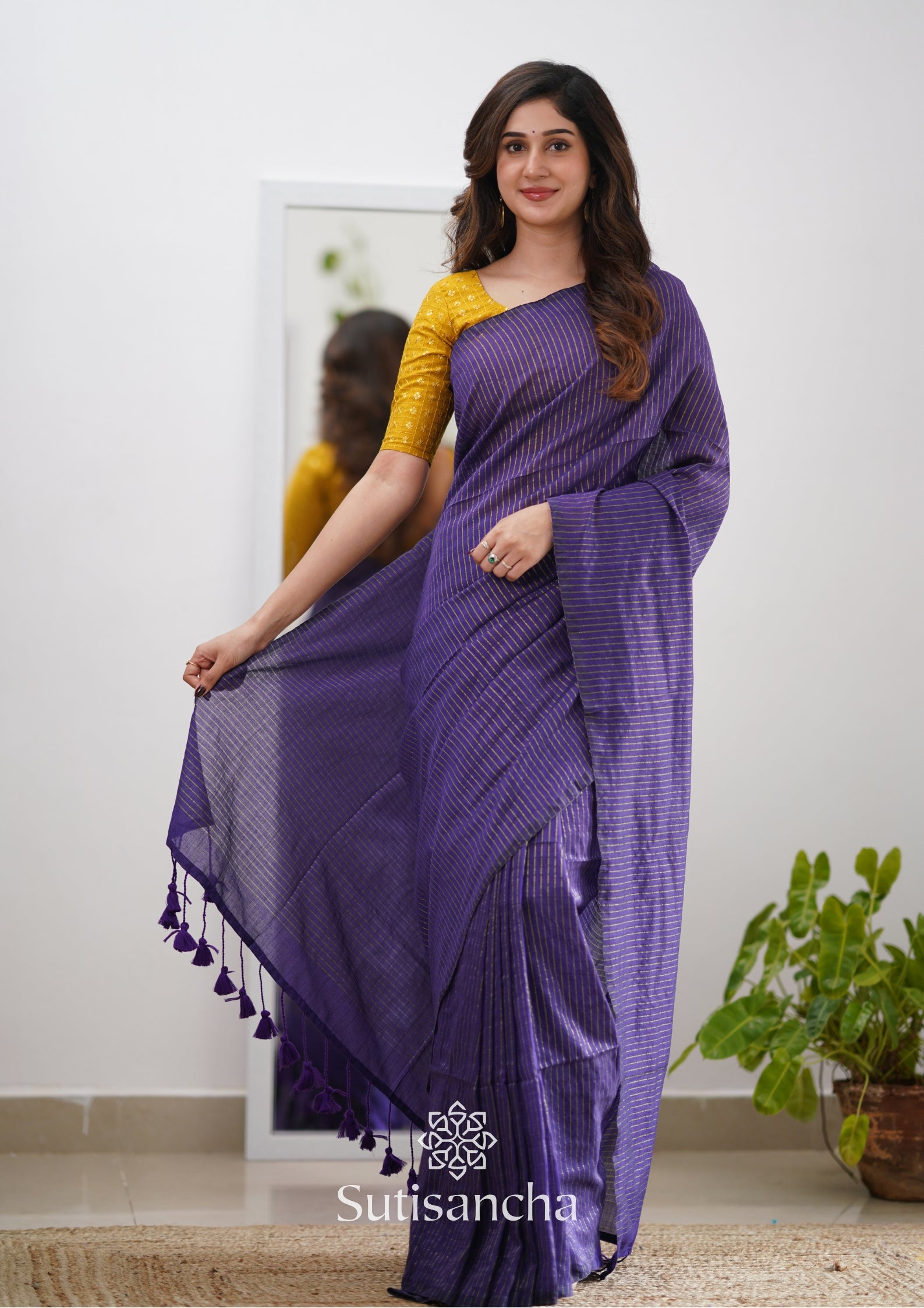 Sutisancha purple Stripe cotton Saree designer work Blouse