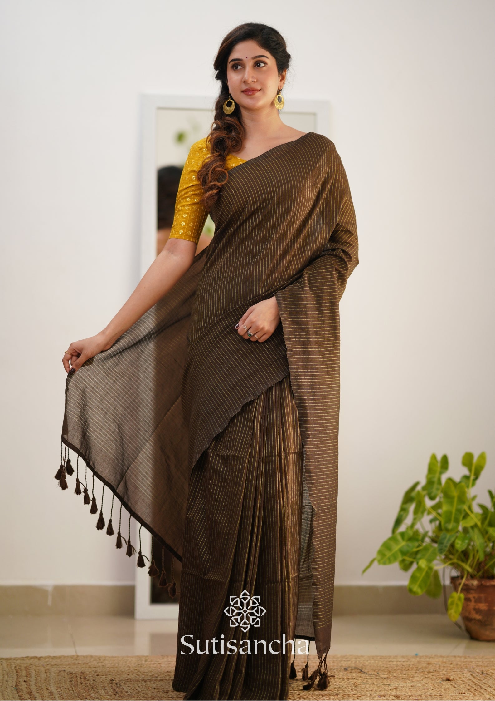 Sutisancha Brown Stripe cotton Saree designer work Blouse
