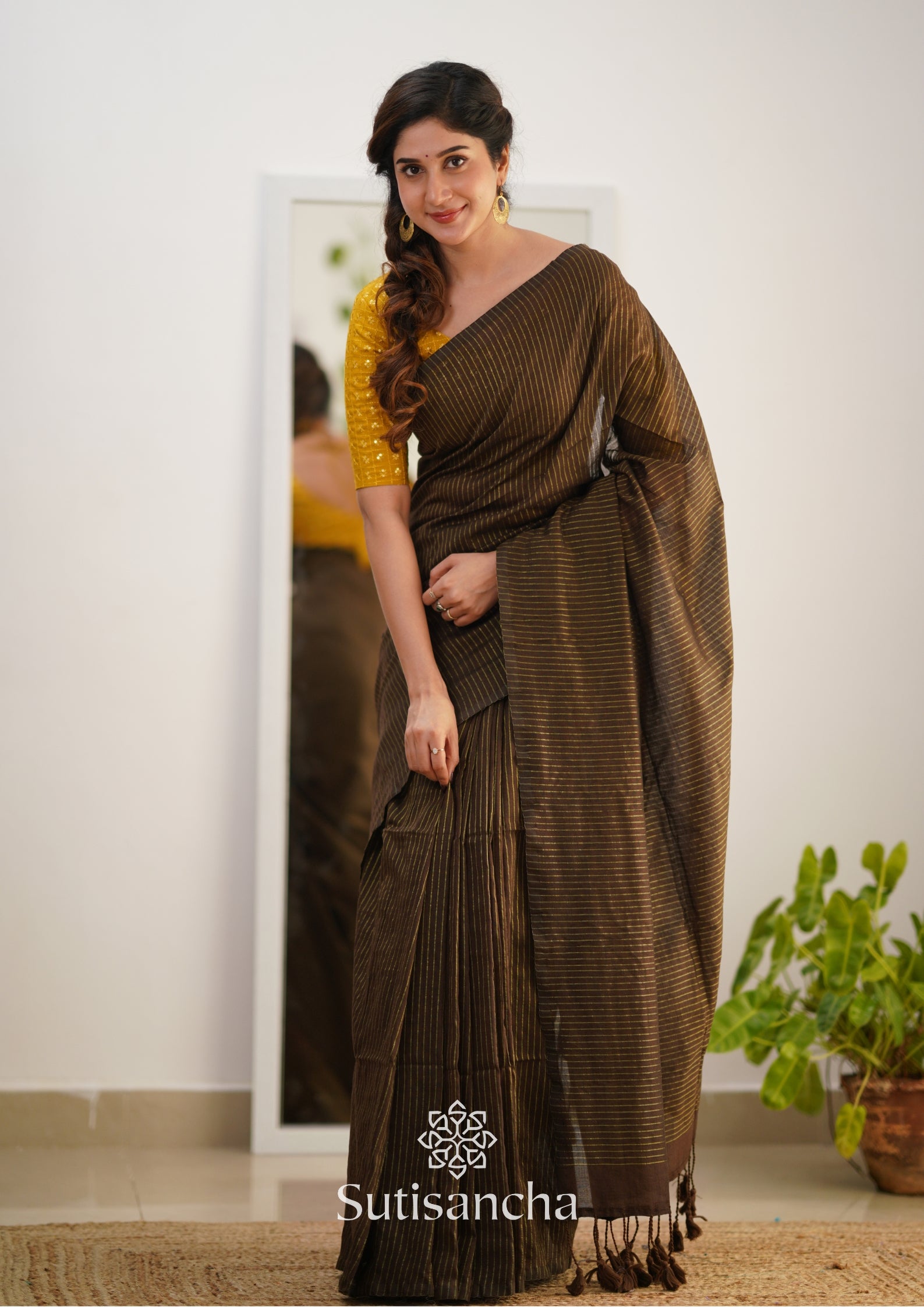 Sutisancha Brown Stripe cotton Saree designer work Blouse