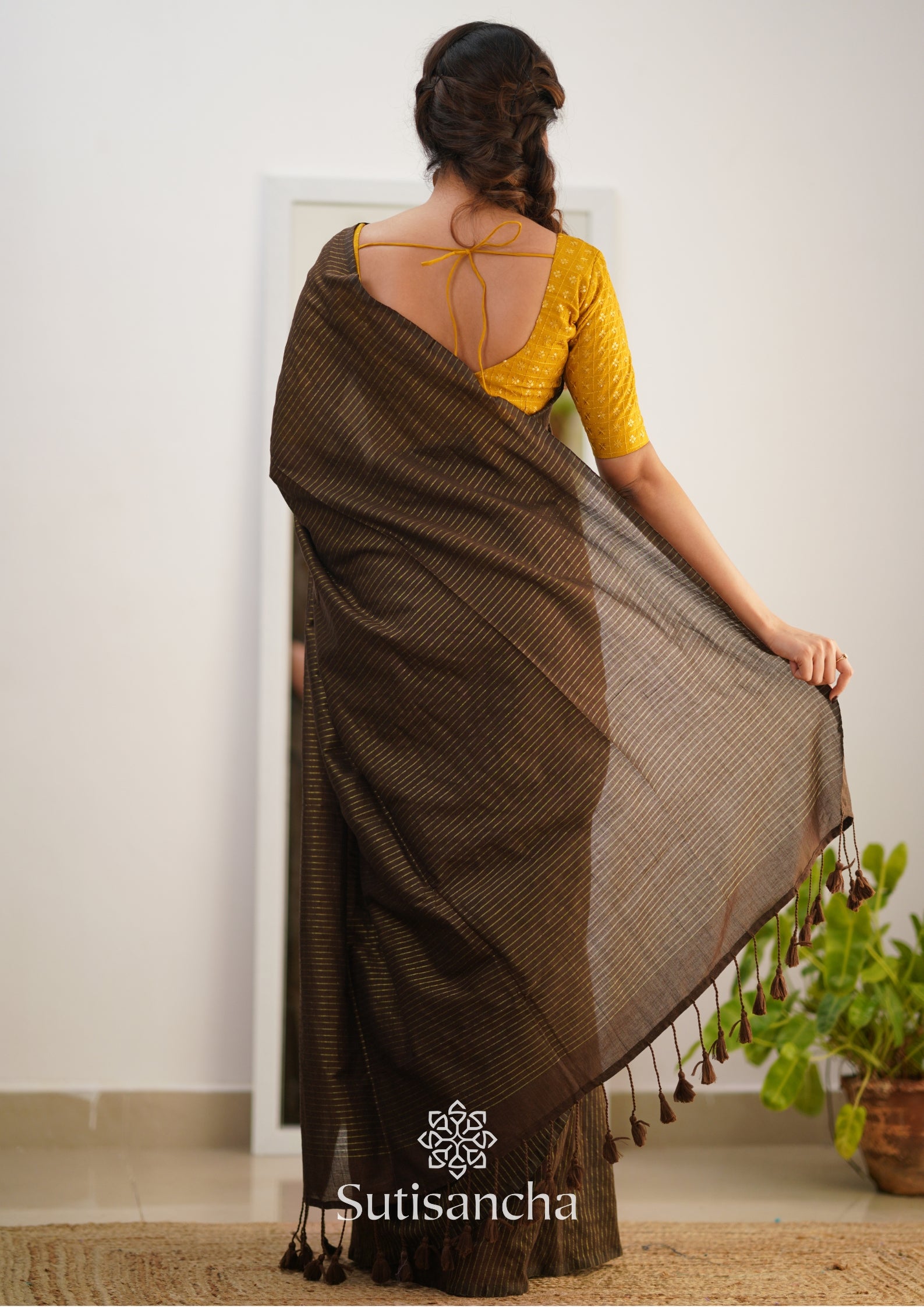Sutisancha Brown Stripe cotton Saree designer work Blouse