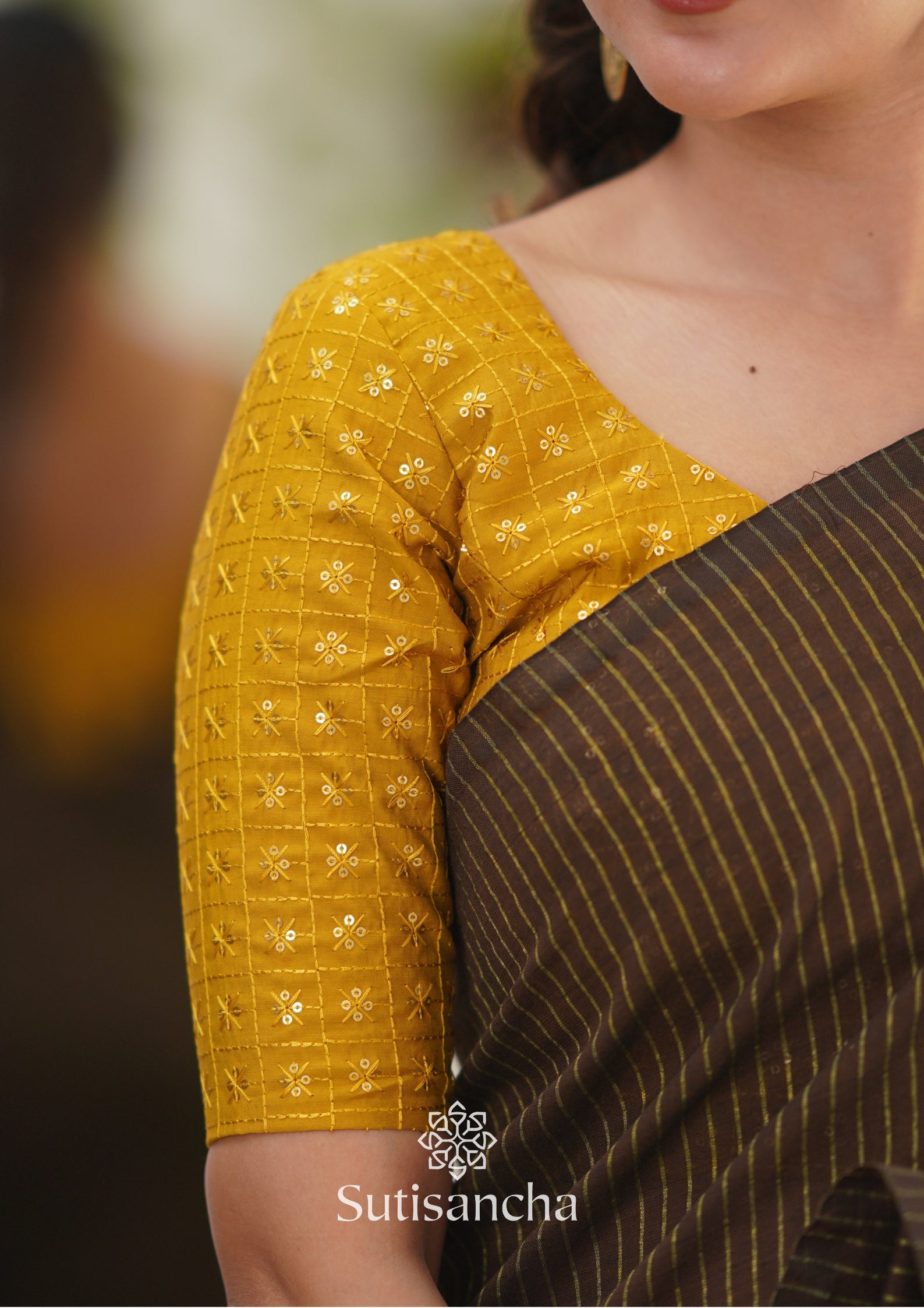 Sutisancha Brown Stripe cotton Saree designer work Blouse