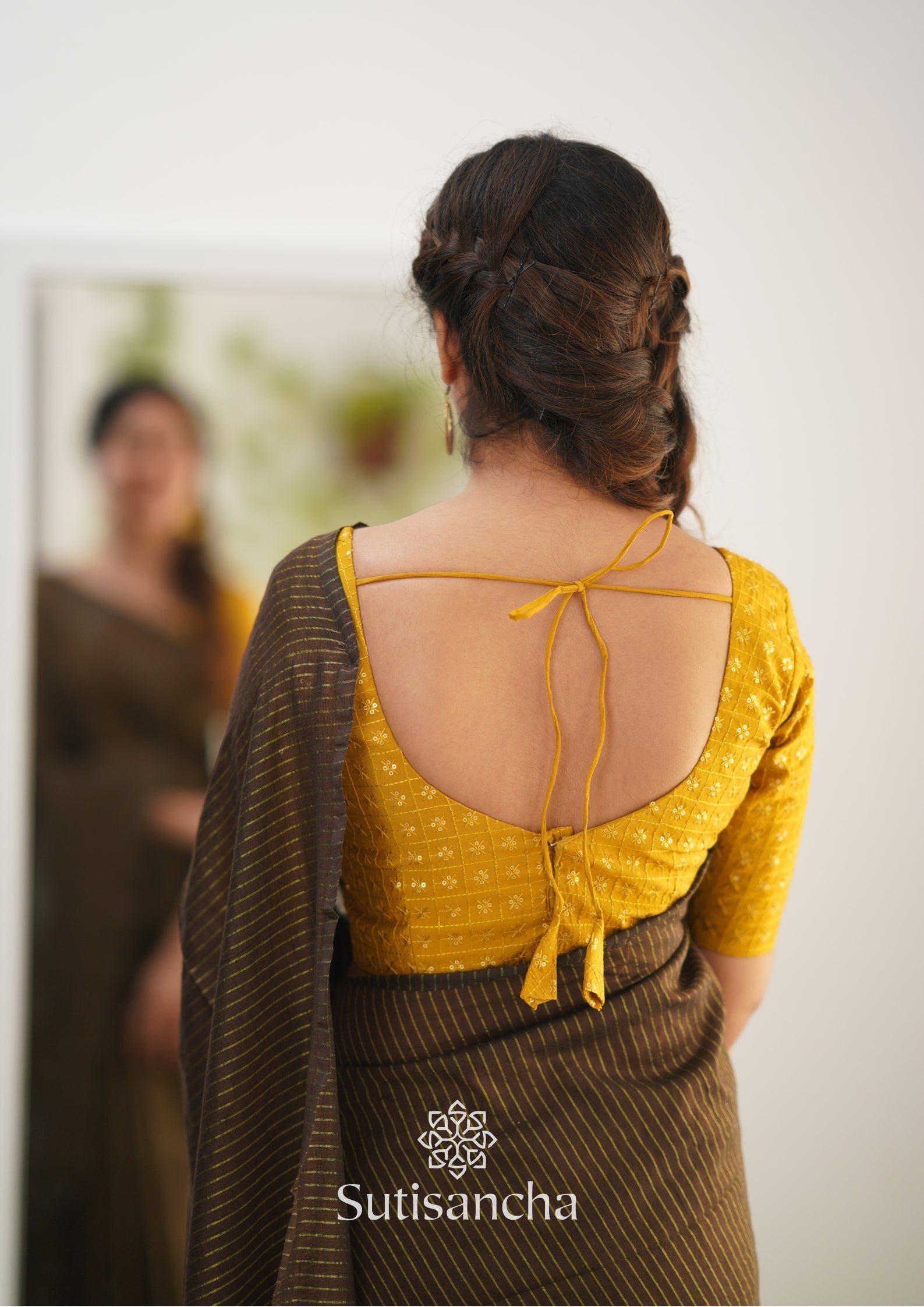 Sutisancha Brown Stripe cotton Saree designer work Blouse