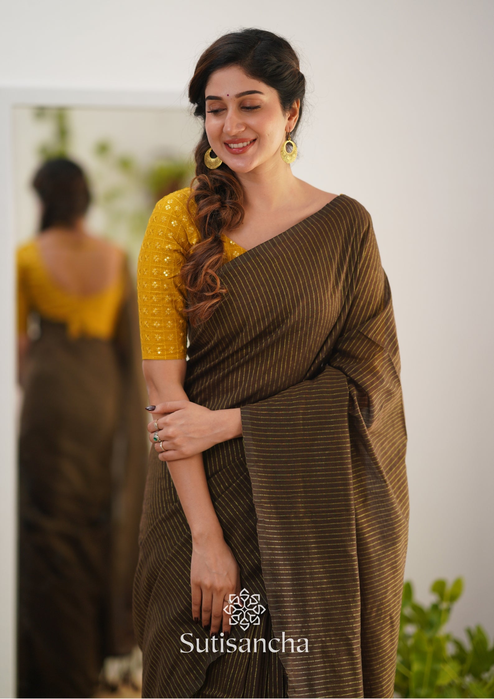 Sutisancha Brown Stripe cotton Saree designer work Blouse