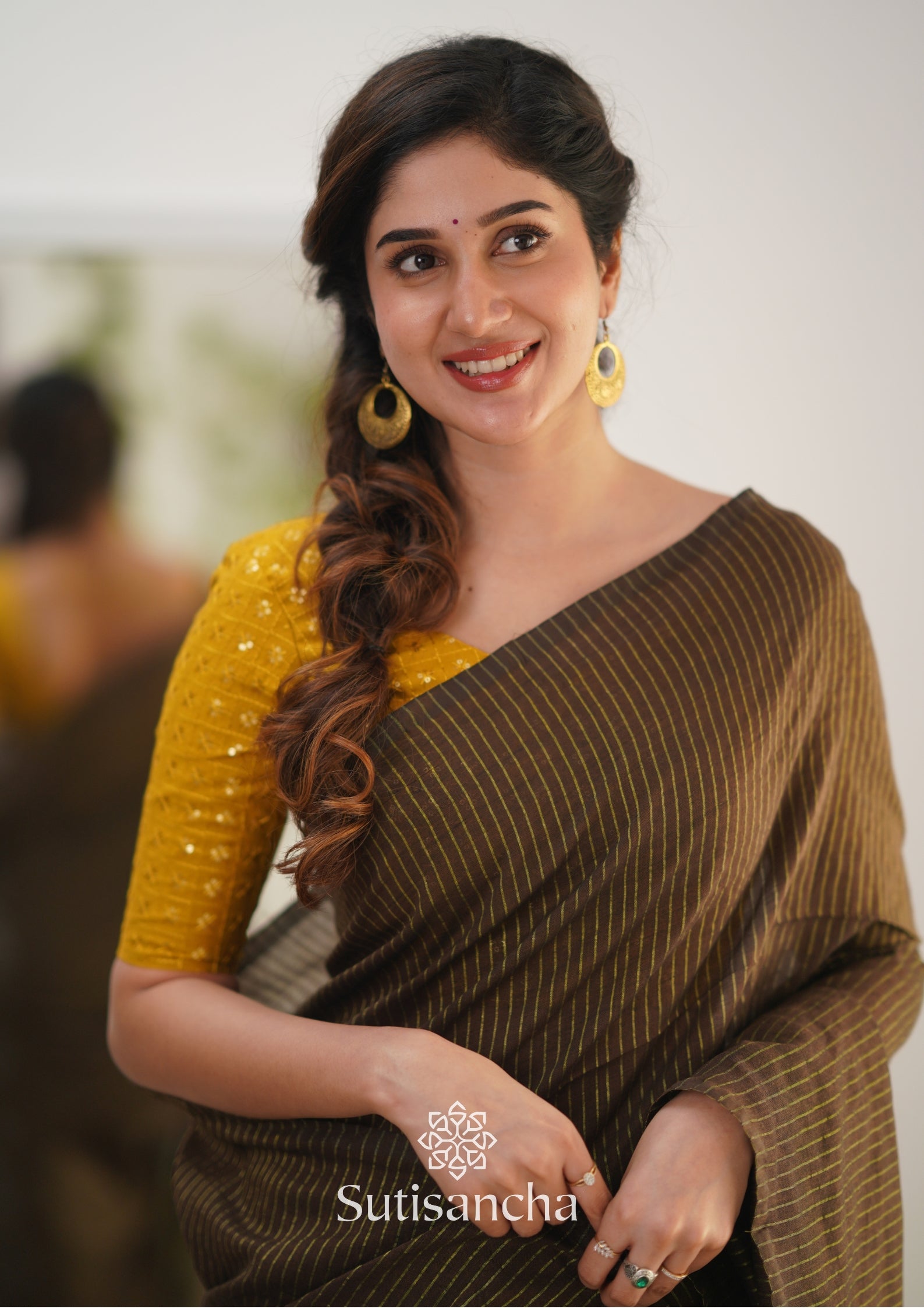 Sutisancha Brown Stripe cotton Saree designer work Blouse