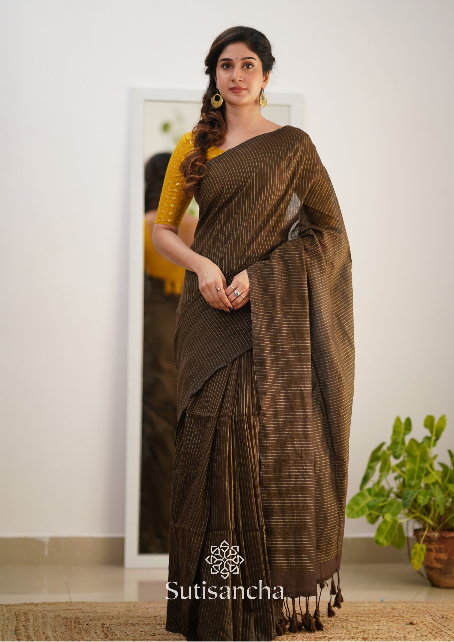 Sutisancha Brown Stripe cotton Saree designer work Blouse