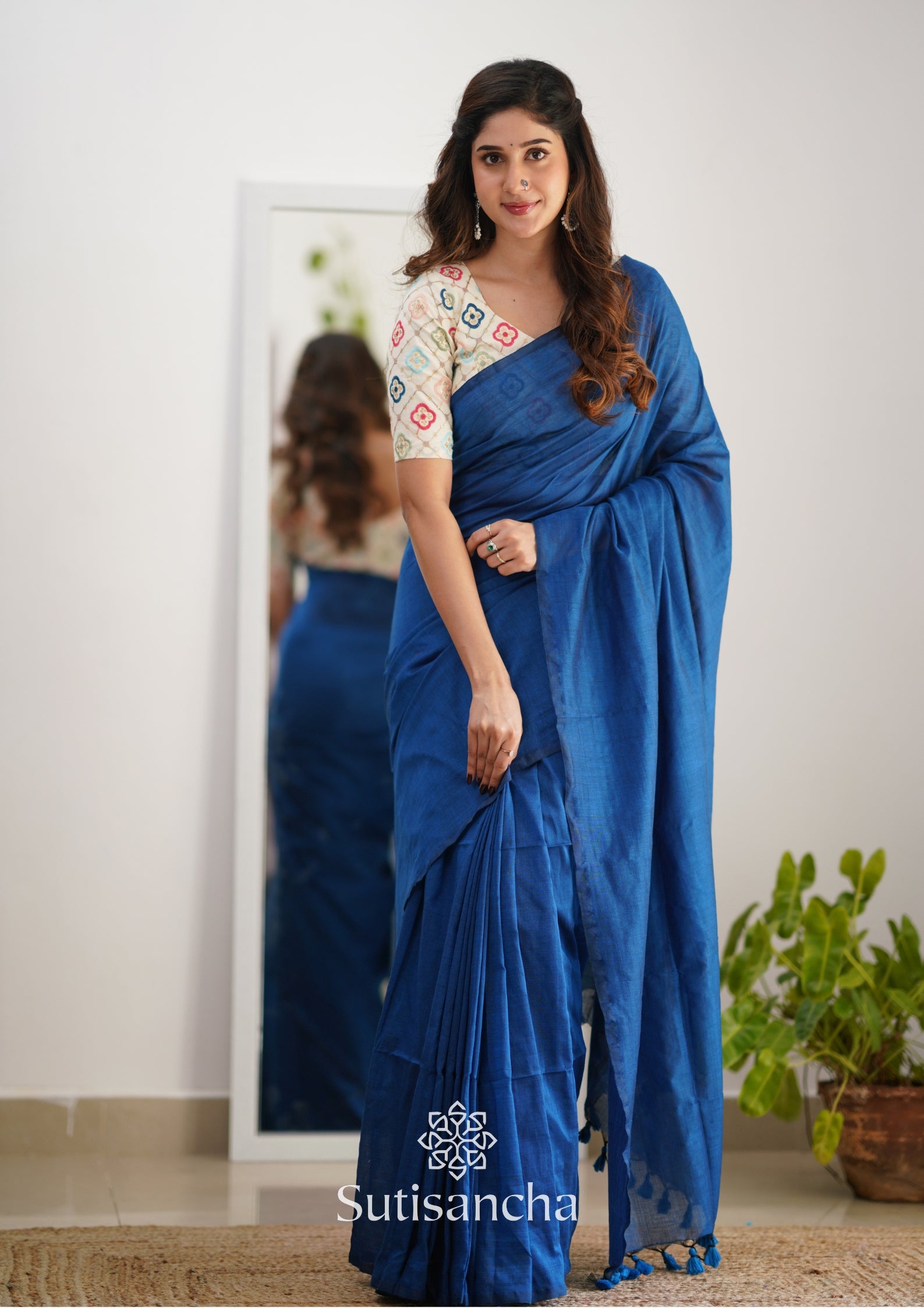 Blue saree with fashion designer blouse