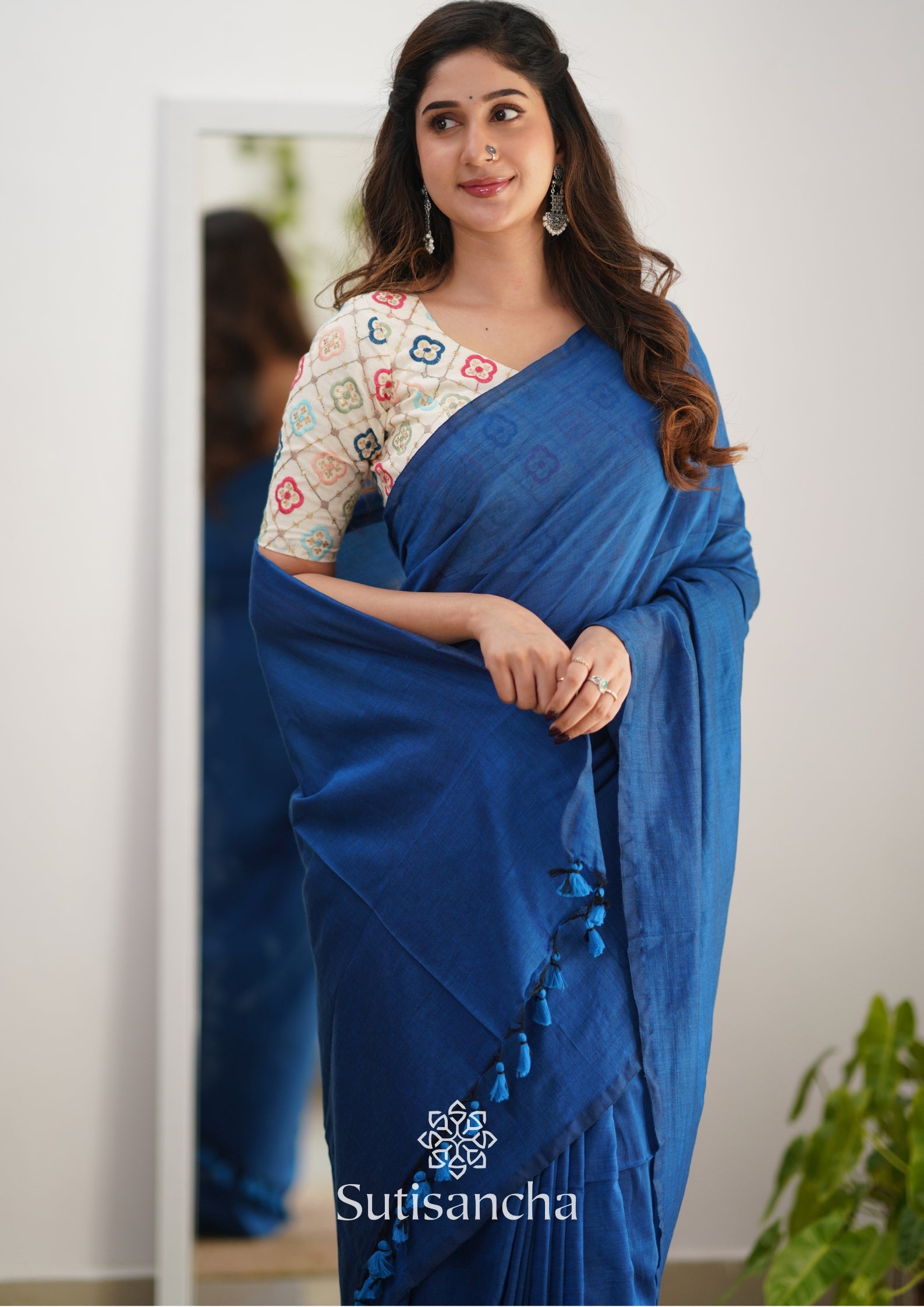 Sutisancha Indigoblue Handloom Cotton Saree with Designer Blouse