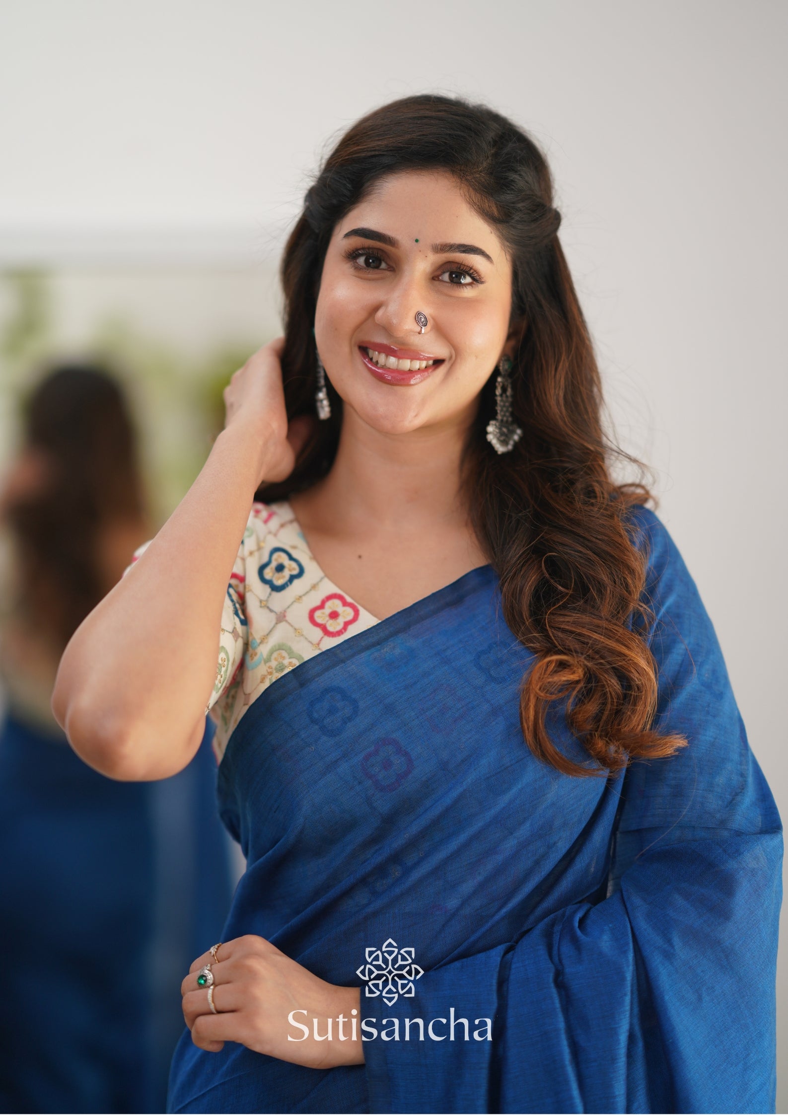 Sutisancha Indigoblue Handloom Cotton Saree with Designer Blouse