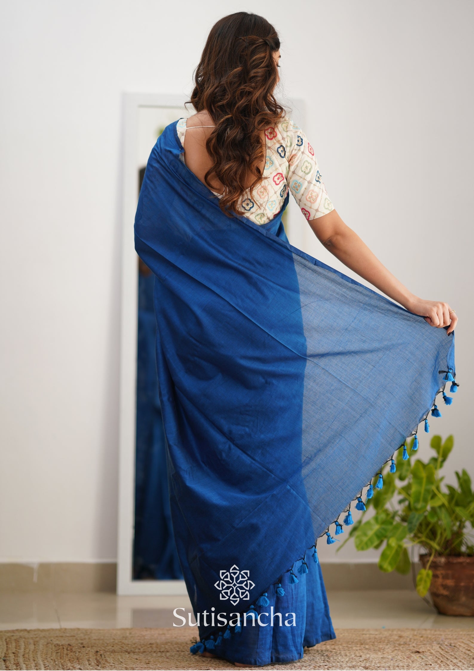 Sutisancha Indigoblue Handloom Cotton Saree with Designer Blouse