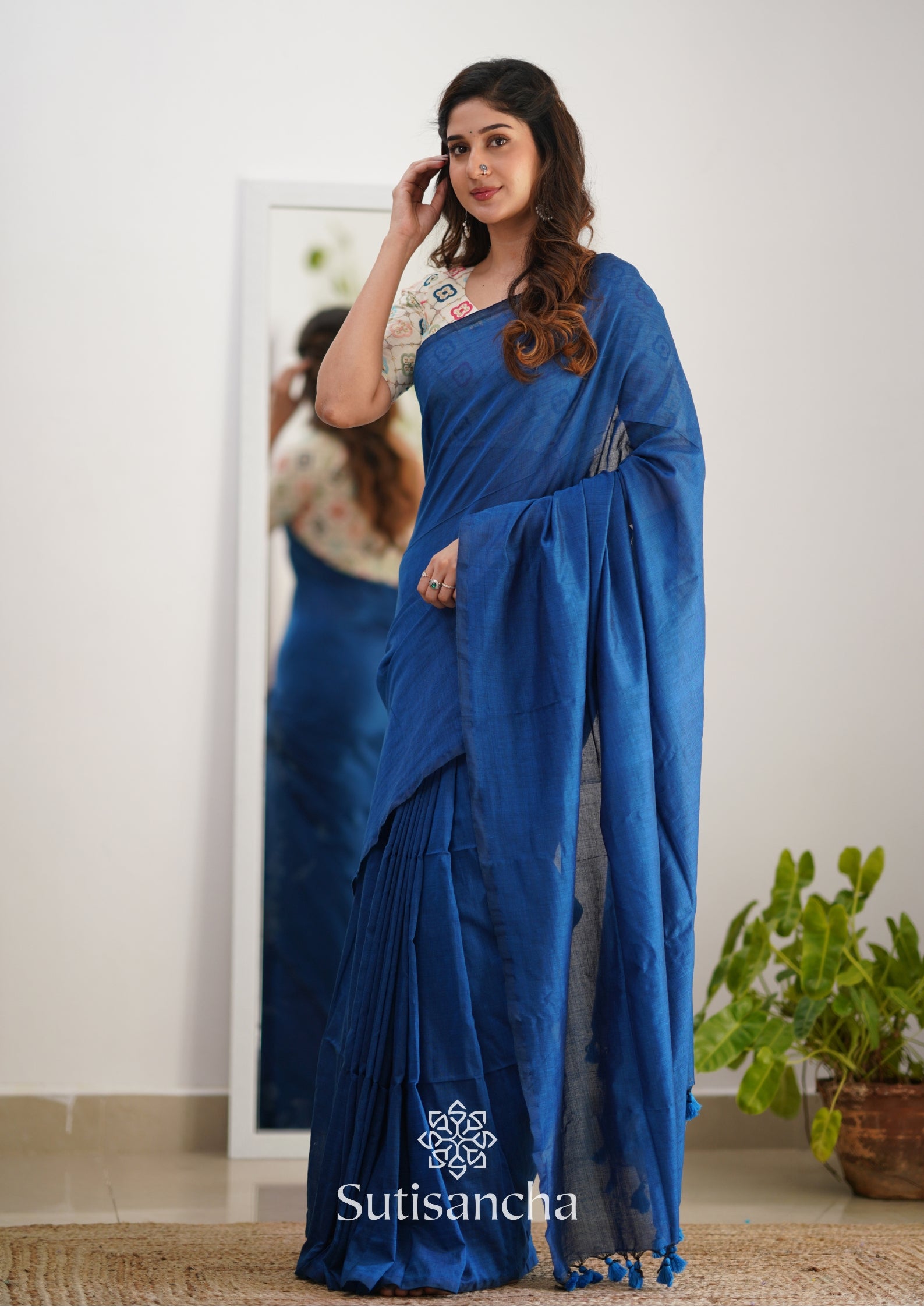Sutisancha Indigoblue Handloom Cotton Saree with Designer Blouse
