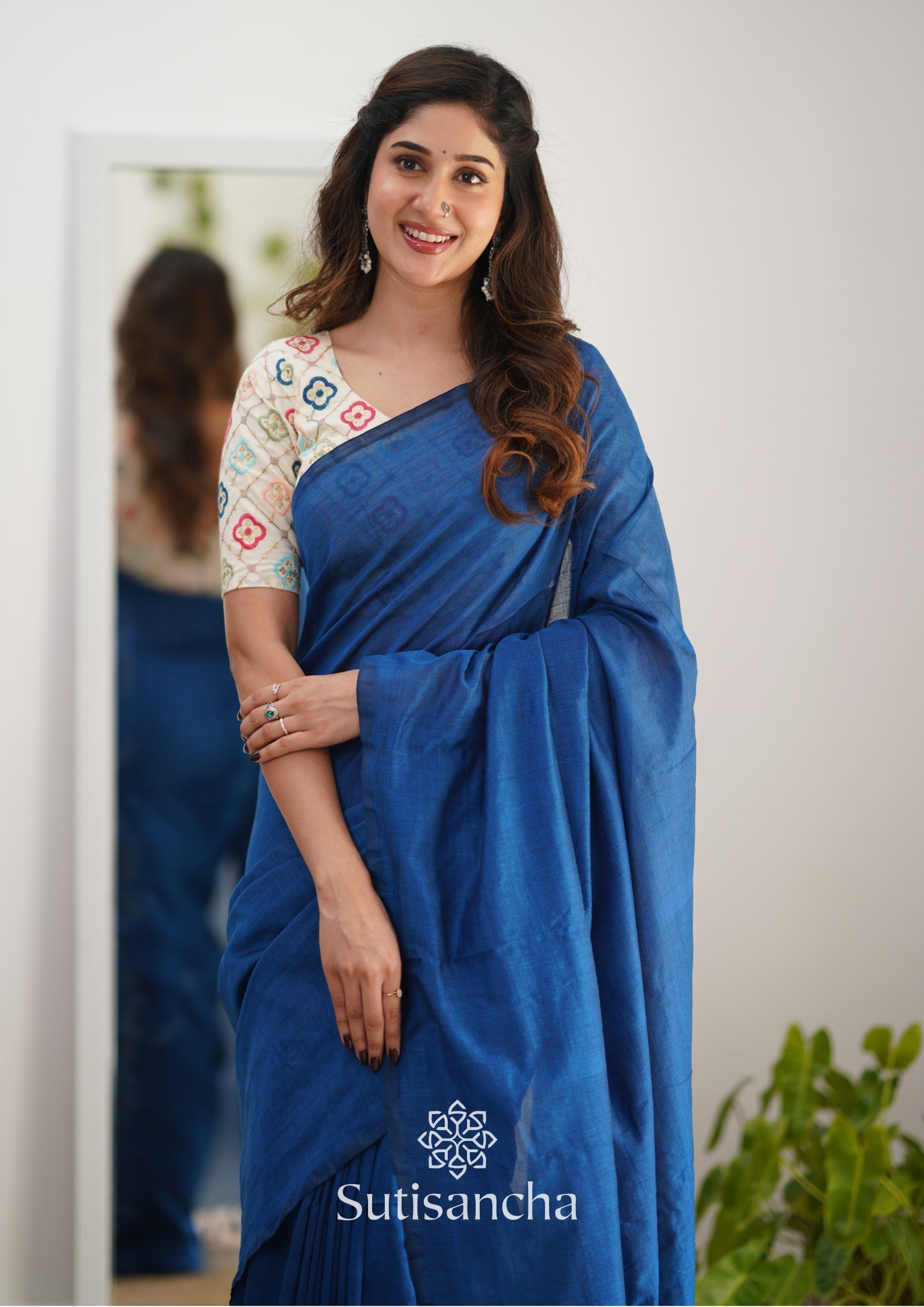 Sutisancha Indigoblue Handloom Cotton Saree with Designer Blouse