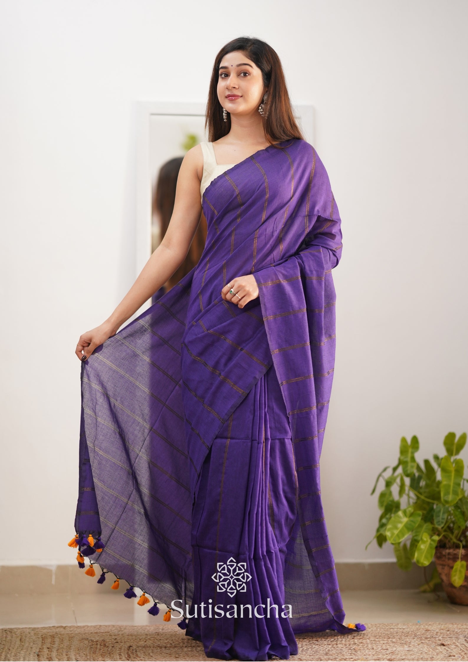 Sutisancha Purple Dual Zari Stripe Saree
