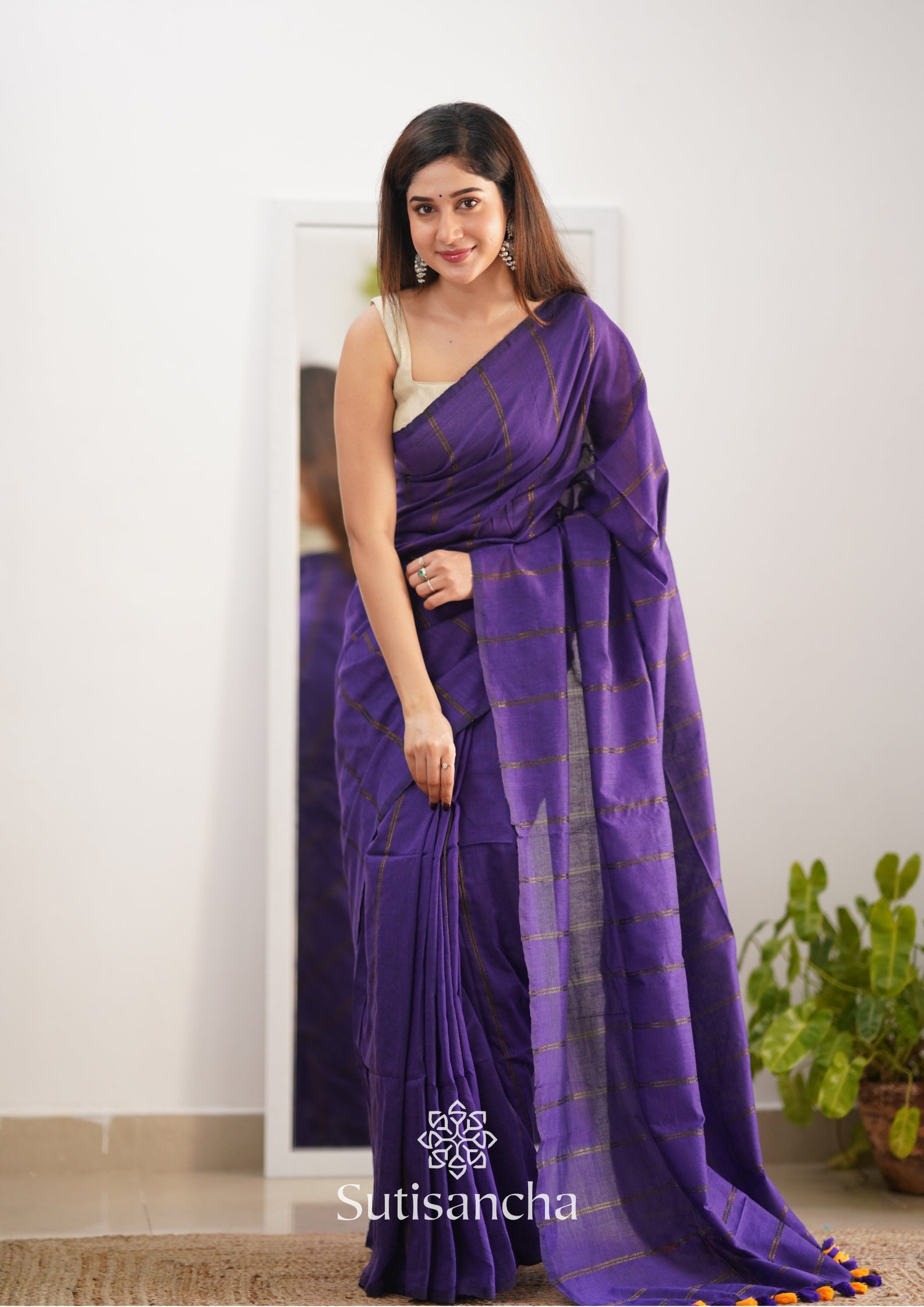 Sutisancha Purple Dual Zari Stripe Saree