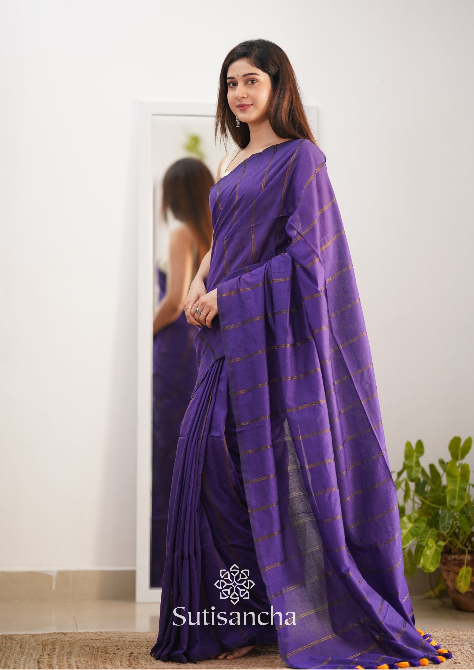 Sutisancha Purple Dual Zari Stripe Saree