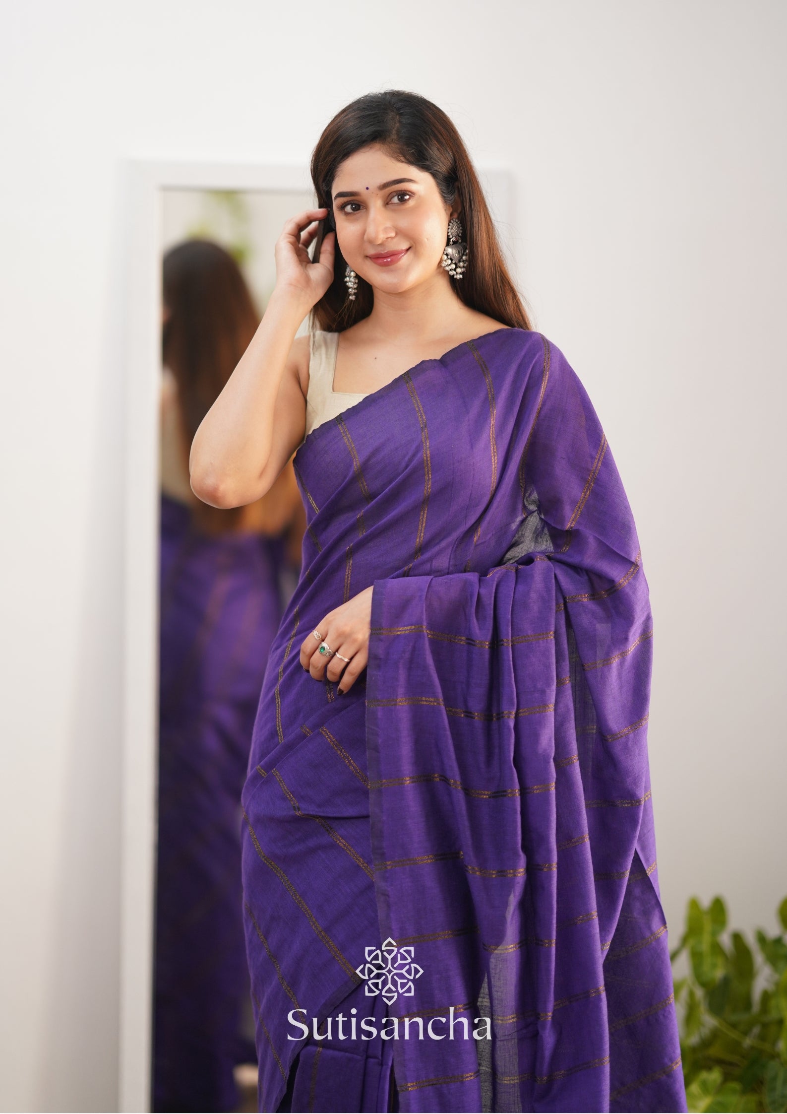 Sutisancha Purple Dual Zari Stripe Saree
