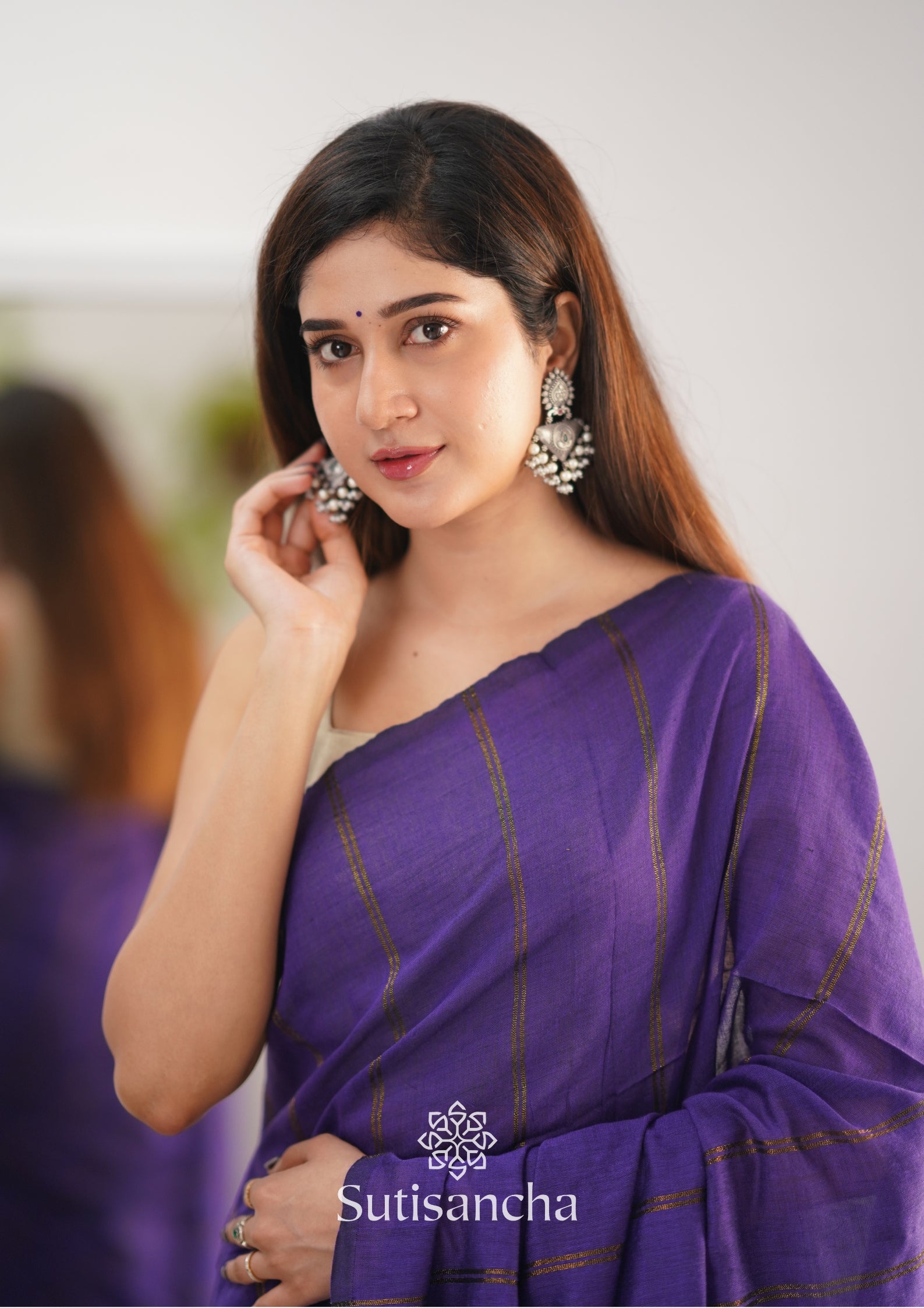 Sutisancha Purple Dual Zari Stripe Saree