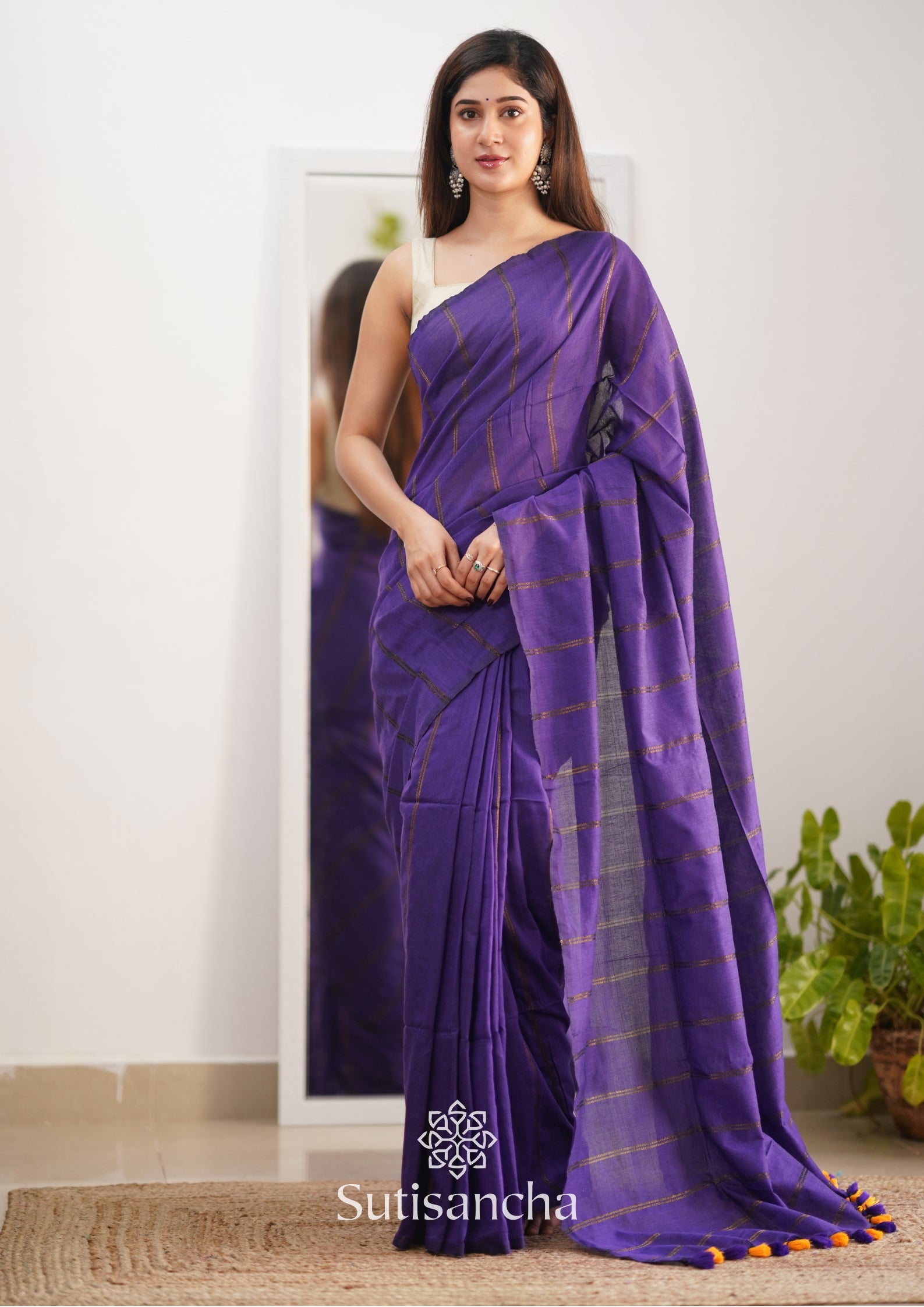 Sutisancha Purple Dual Zari Stripe Saree