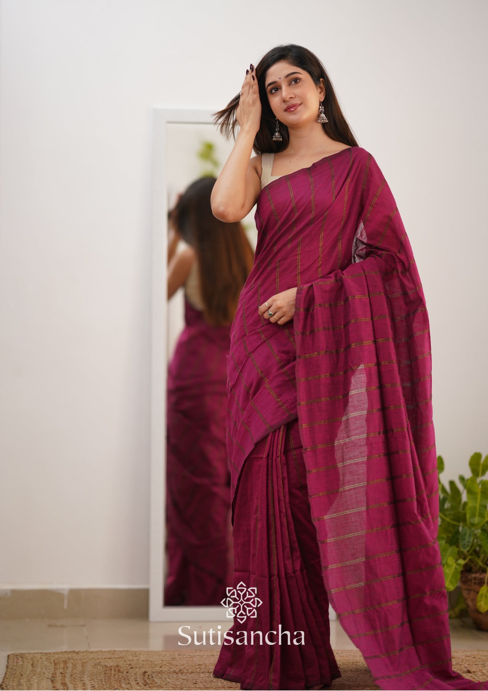 Sutisancha Queen Pink Dual Zari Stripe Saree