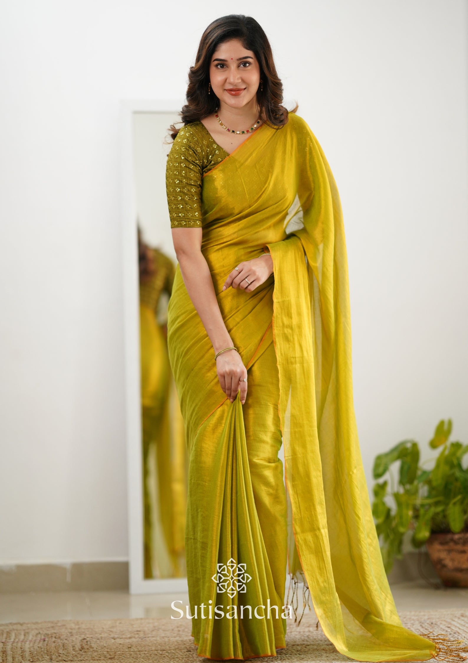 Sutisancha Lime Green Handloom Tissue Saree With Designer Blouse