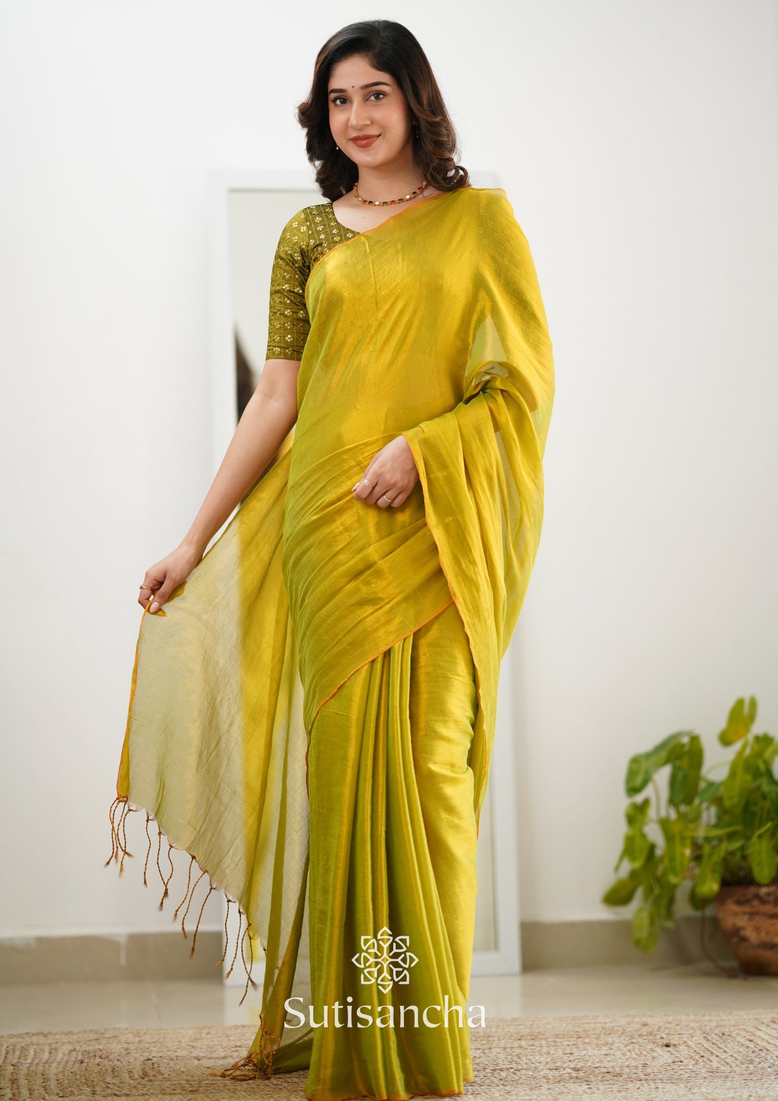 Sutisancha Lime Green Handloom Tissue Saree With Designer Blouse