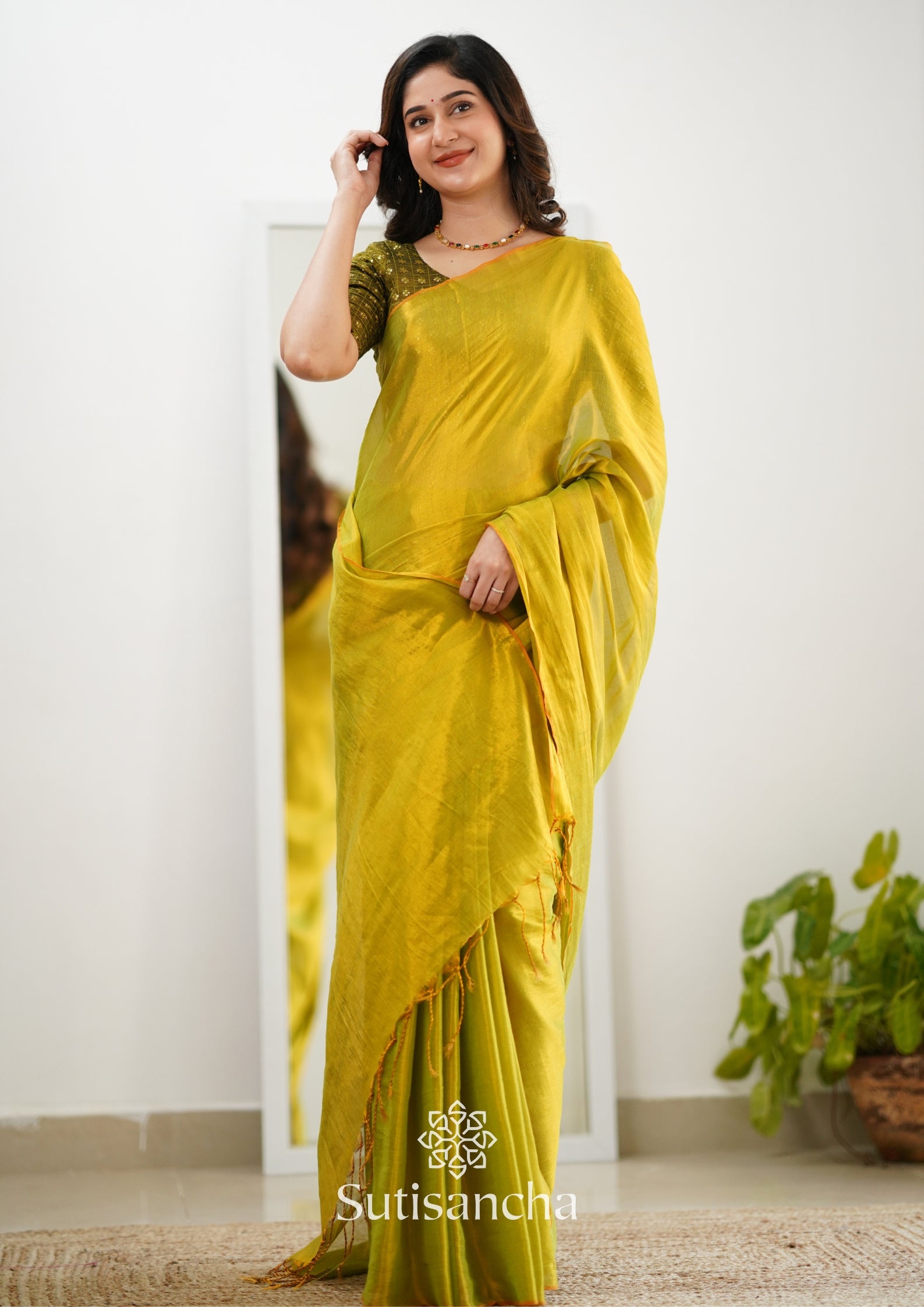 Sutisancha Lime Green Handloom Tissue Saree With Designer Blouse