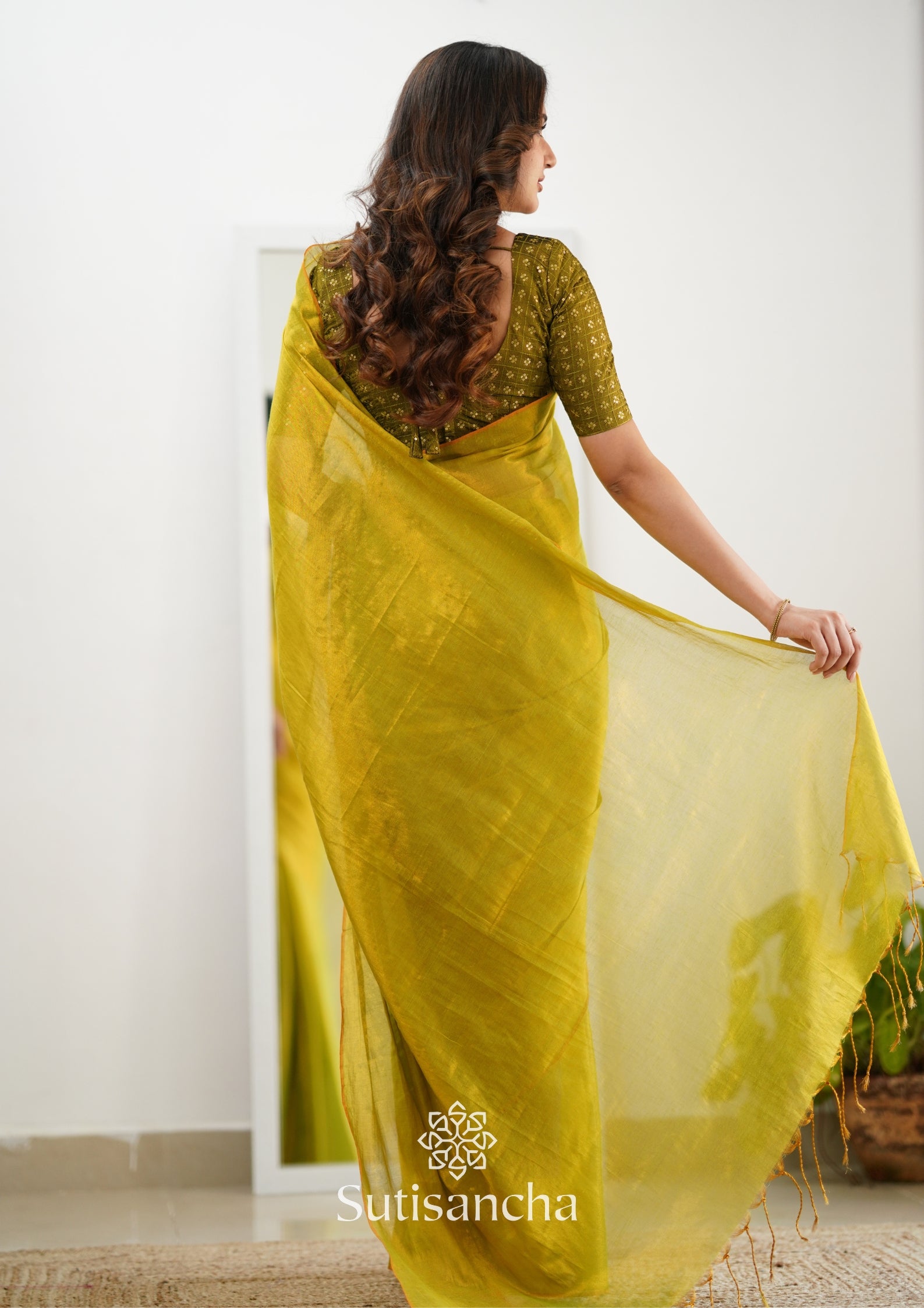 Sutisancha Lime Green Handloom Tissue Saree With Designer Blouse