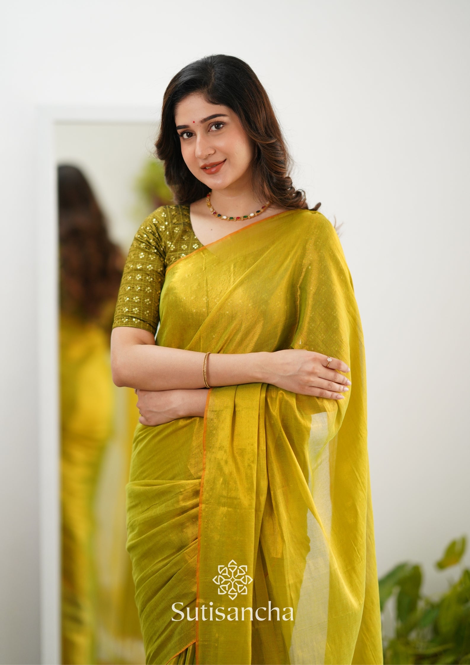 Sutisancha Lime Green Handloom Tissue Saree With Designer Blouse