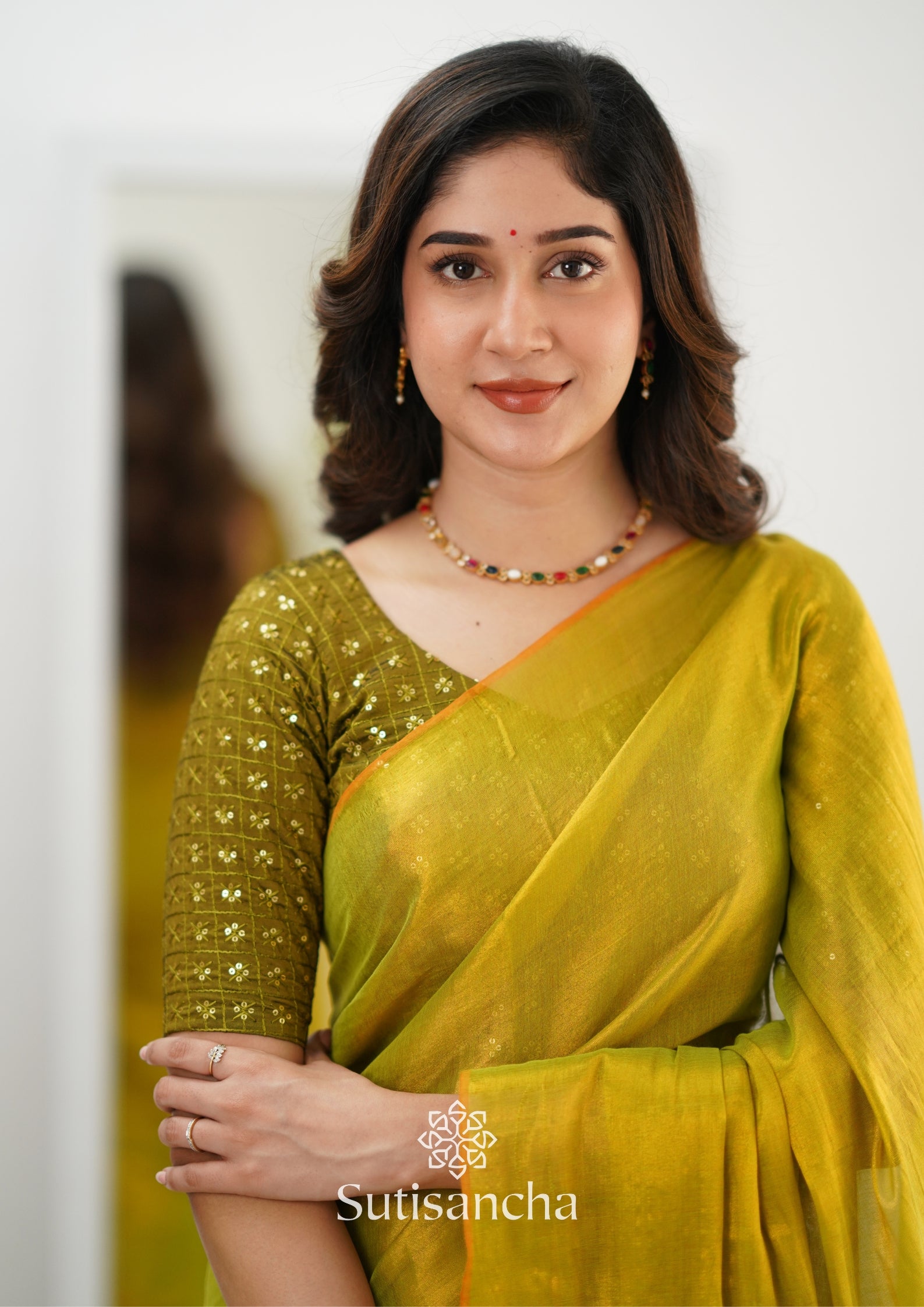 Sutisancha Lime Green Handloom Tissue Saree With Designer Blouse