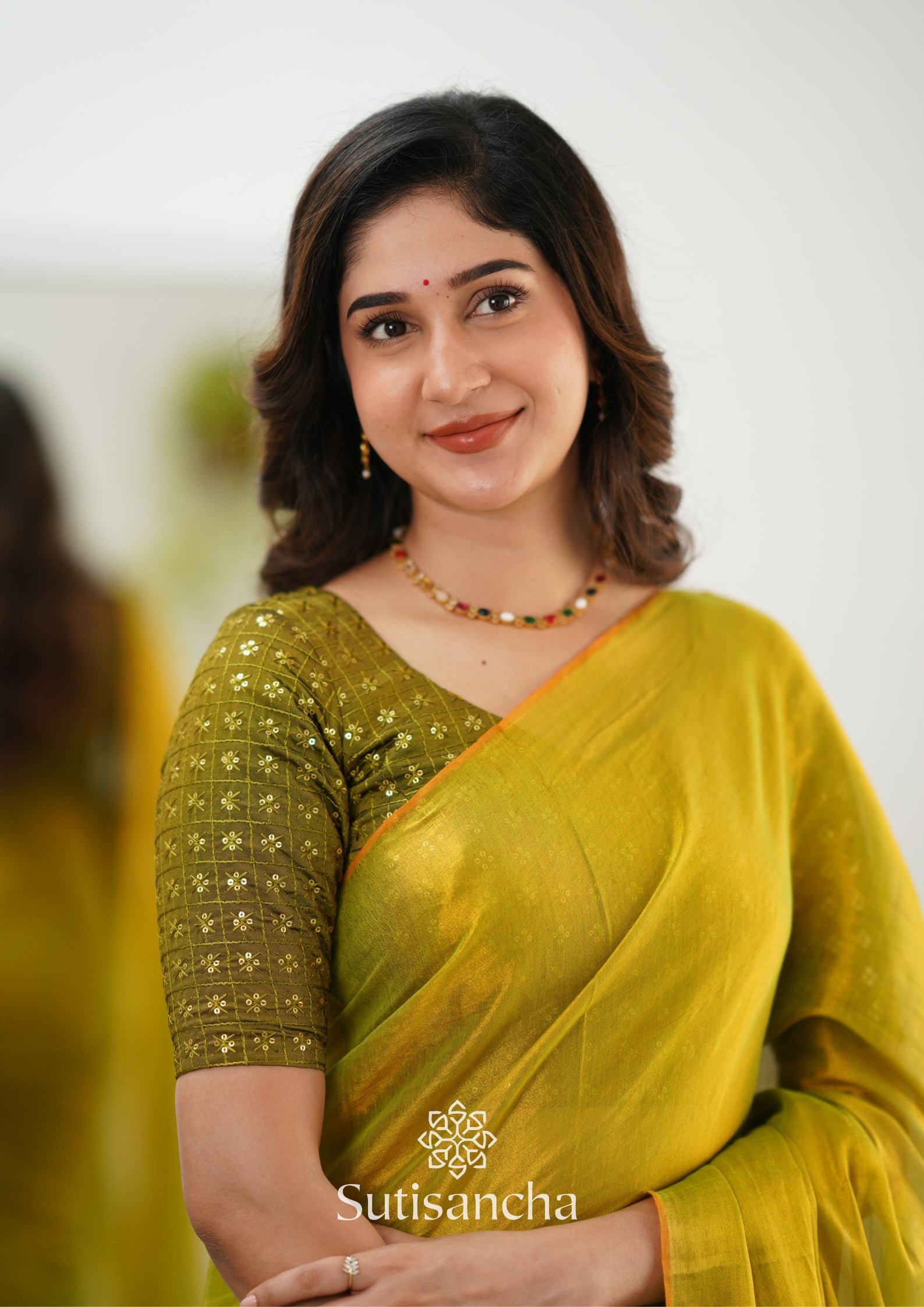 Sutisancha Lime Green Handloom Tissue Saree With Designer Blouse