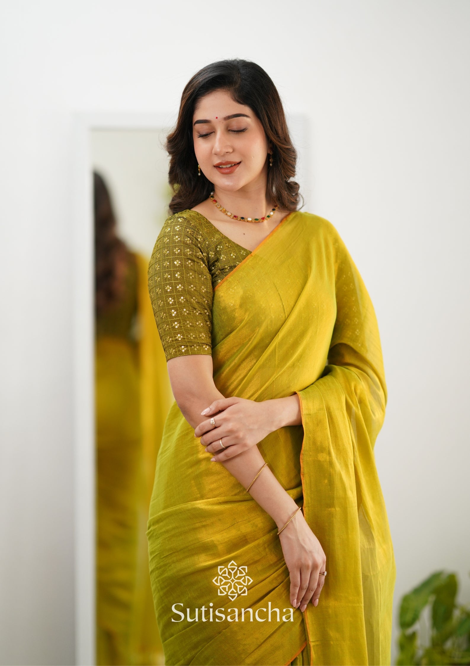 Sutisancha Lime Green Handloom Tissue Saree With Designer Blouse