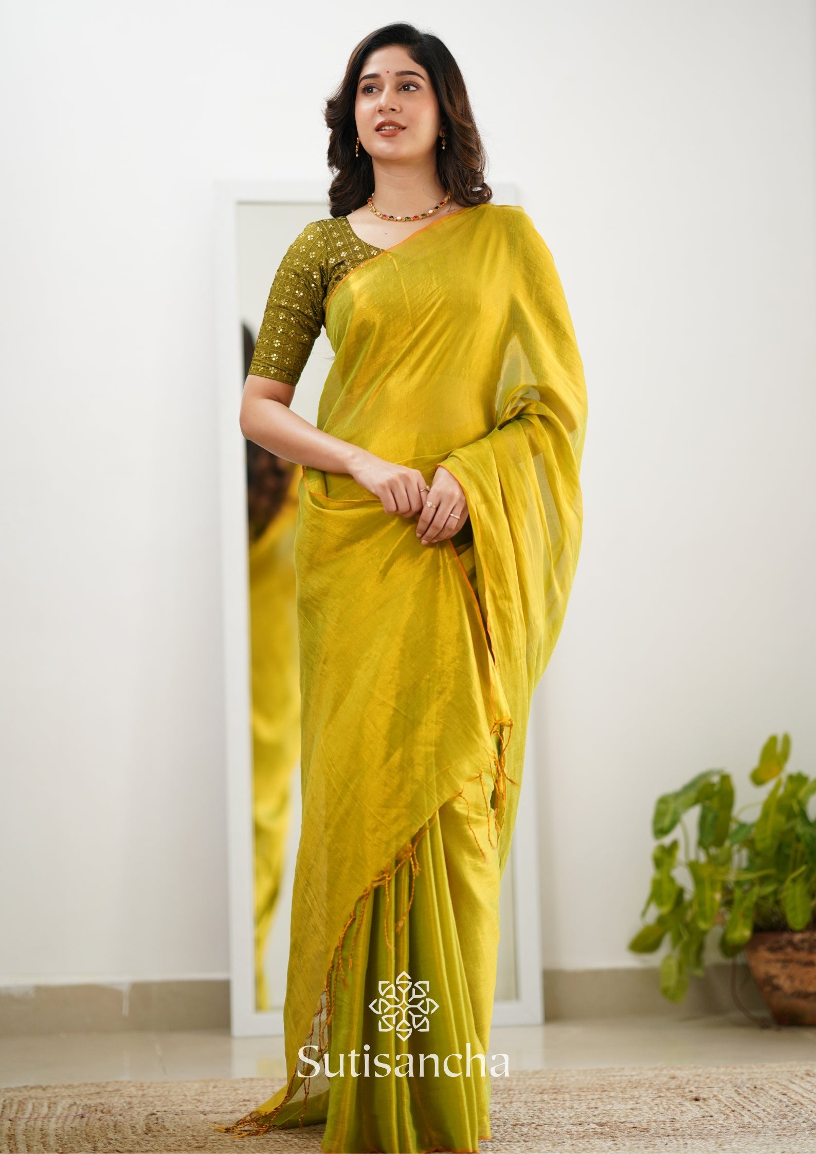 Sutisancha Lime Green Handloom Tissue Saree With Designer Blouse