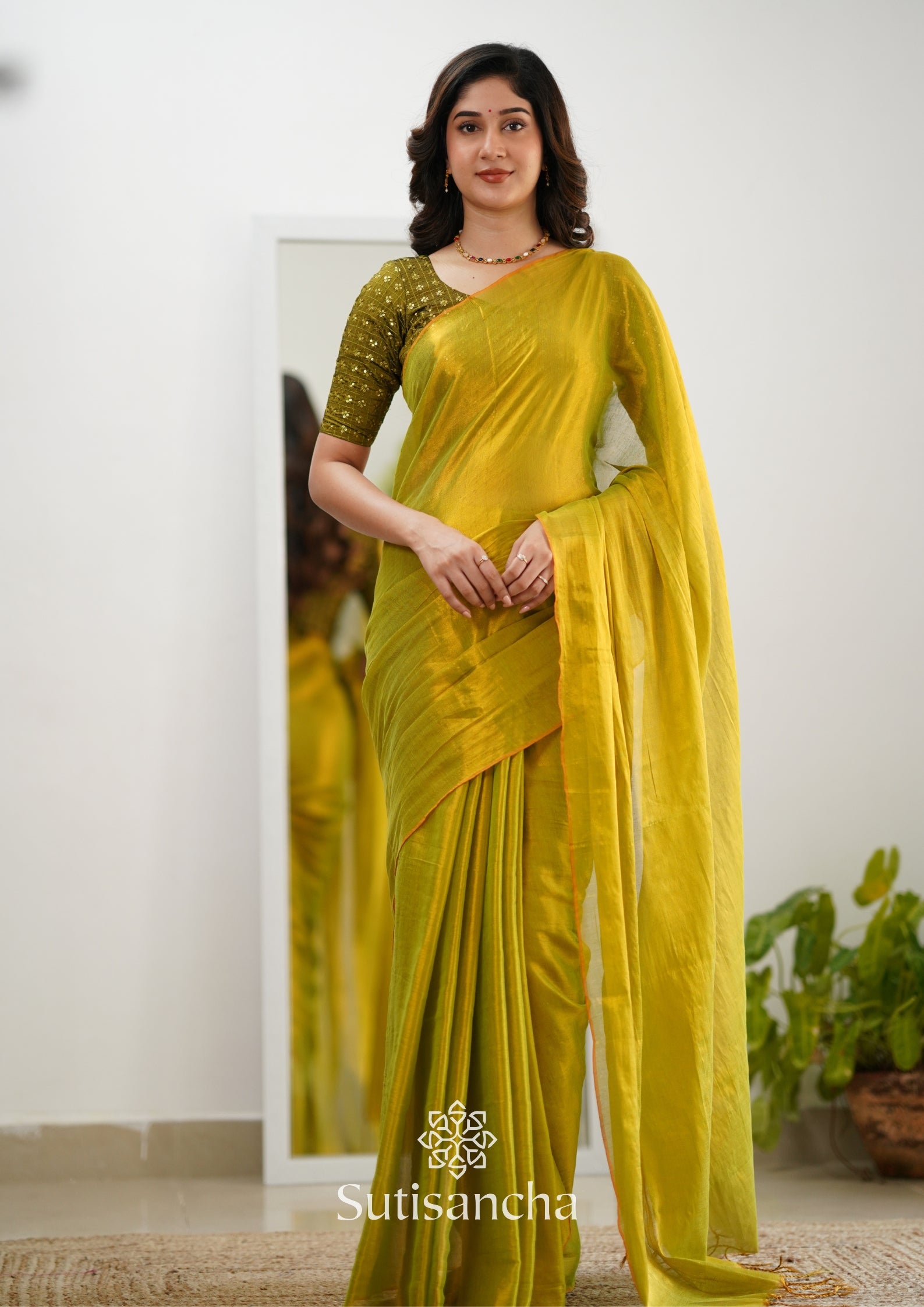 Sutisancha Lime Green Handloom Tissue Saree With Designer Blouse